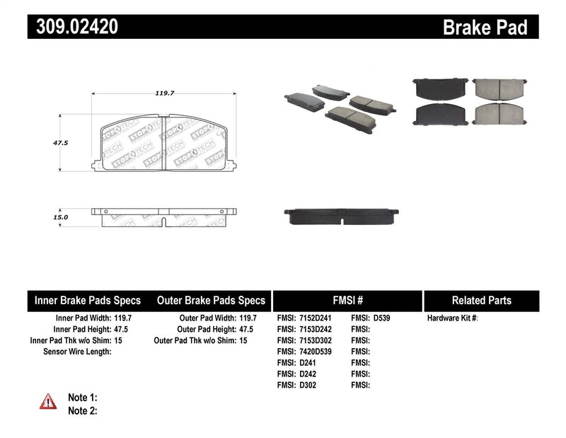 Sport Brake Pads StopTech 309.02420 with Shims and Hardware
