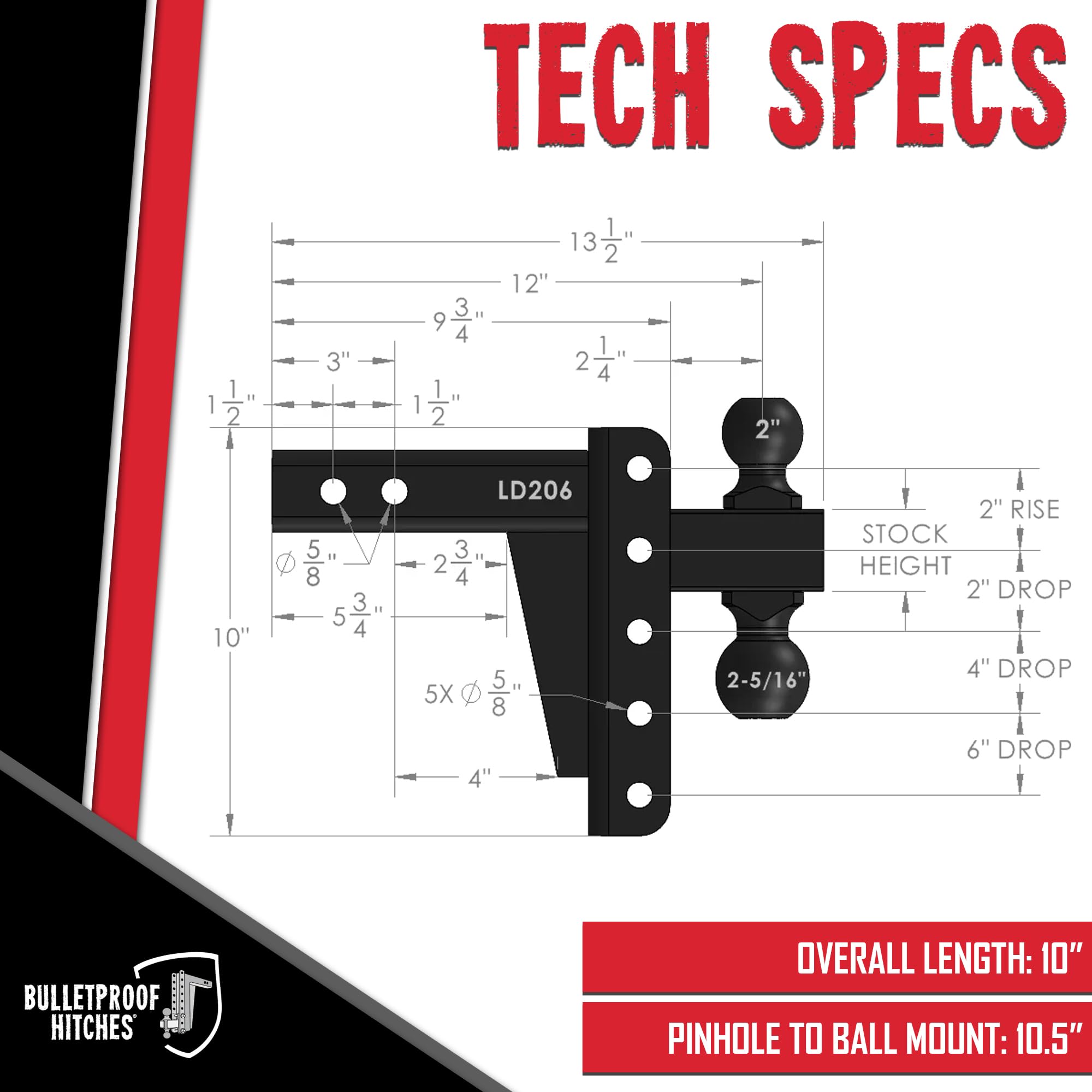2.0" BulletProof Hitches Adjustable Light Duty Trailer Hitch (10,000 lb. Rating) - 6" Drop/Rise Trailer Hitch with 2" & 2-5/16" Dual Ball - Powder Coat, Box Steel, Corrosion-Resistant