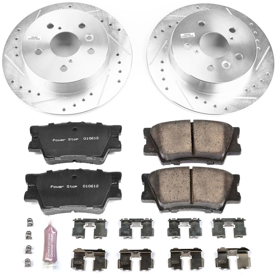 Rear Power Stop K7905 Z23 Carbon Fiber Brake Pads with Drilled & Slotted Brake Rotors Kit For Toyota Camry 2018-2024 [Model Specific]
