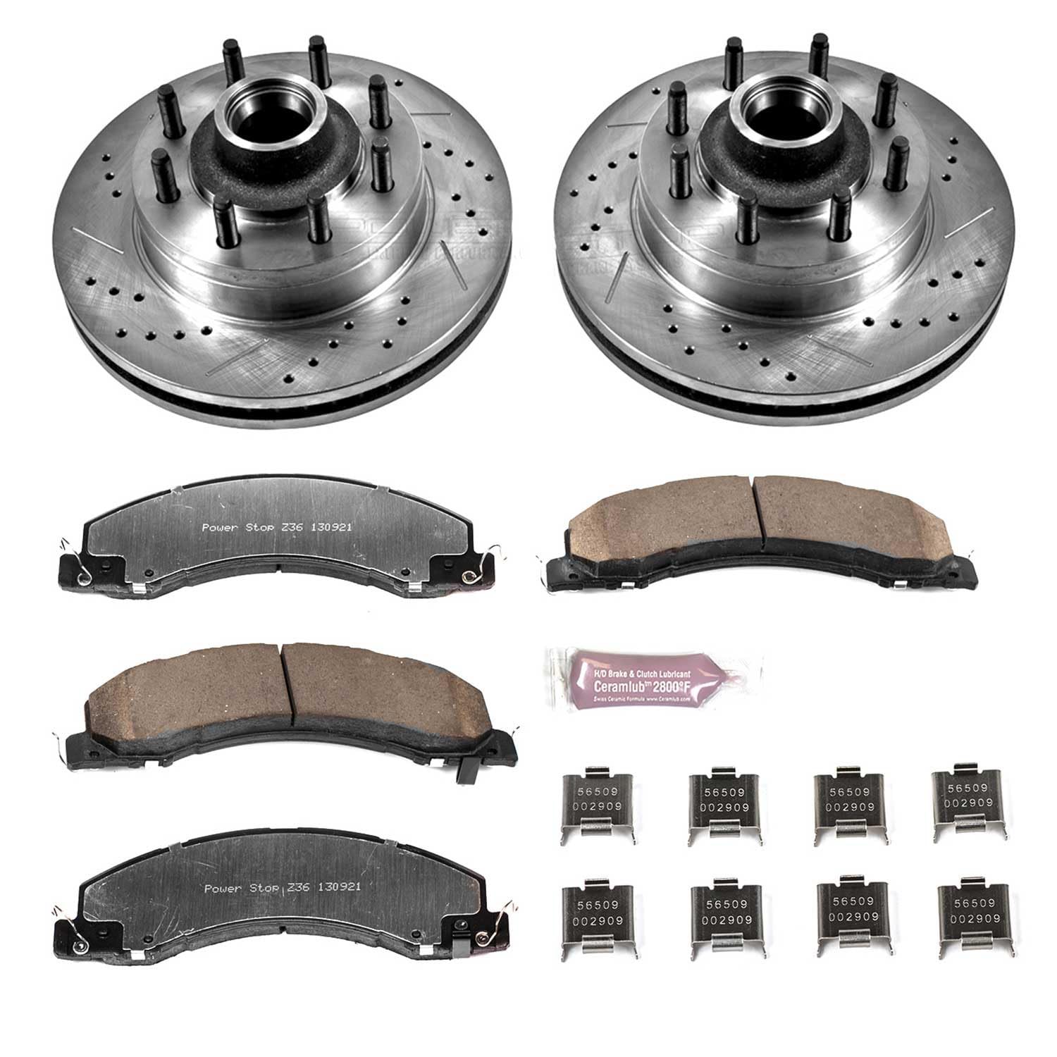 Rear Brake Kit Power Stop For 2008 2009 2010 Dodge Ram 4500 2008 2009 2010 Dodge Ram 5500 - Truck & Tow Carbon Fiber Ceramic Brake Pads & Drilled and Slotted Rotors Replacement, K4722-36