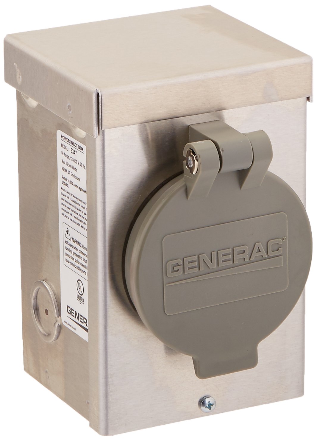 50-Amp Generac 6347 125/250V Aluminum Power Inlet Box - Weather-Resistant Outdoor Generator Connection, Silver