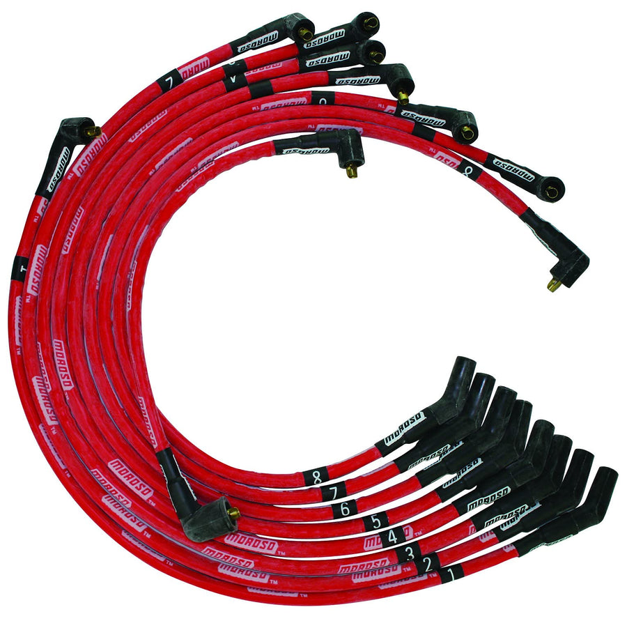 Moroso Ultra Series 52575 Red Sleeved Spark Plug Wires, Ford 351C/390/429/460, 135 Degree Plug Ends, Non HEI Distributor