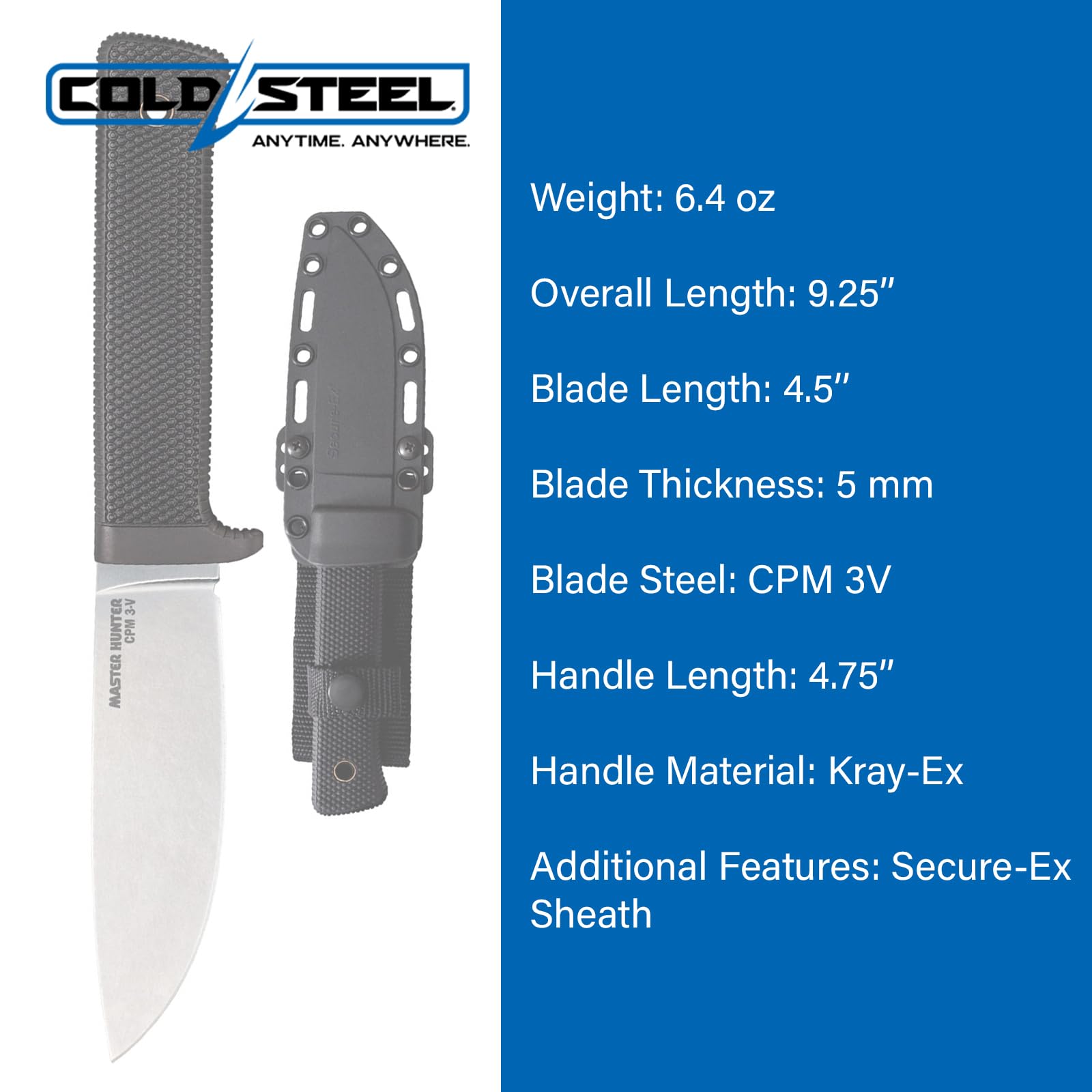 Master Hunter COLD STEEL 4.5" CPM 3V Drop Point Razor-Sharp Blade 4.75" Kray-Ex Handle Hunting Fixed Blade Knife w/Secure-Ex Sheath