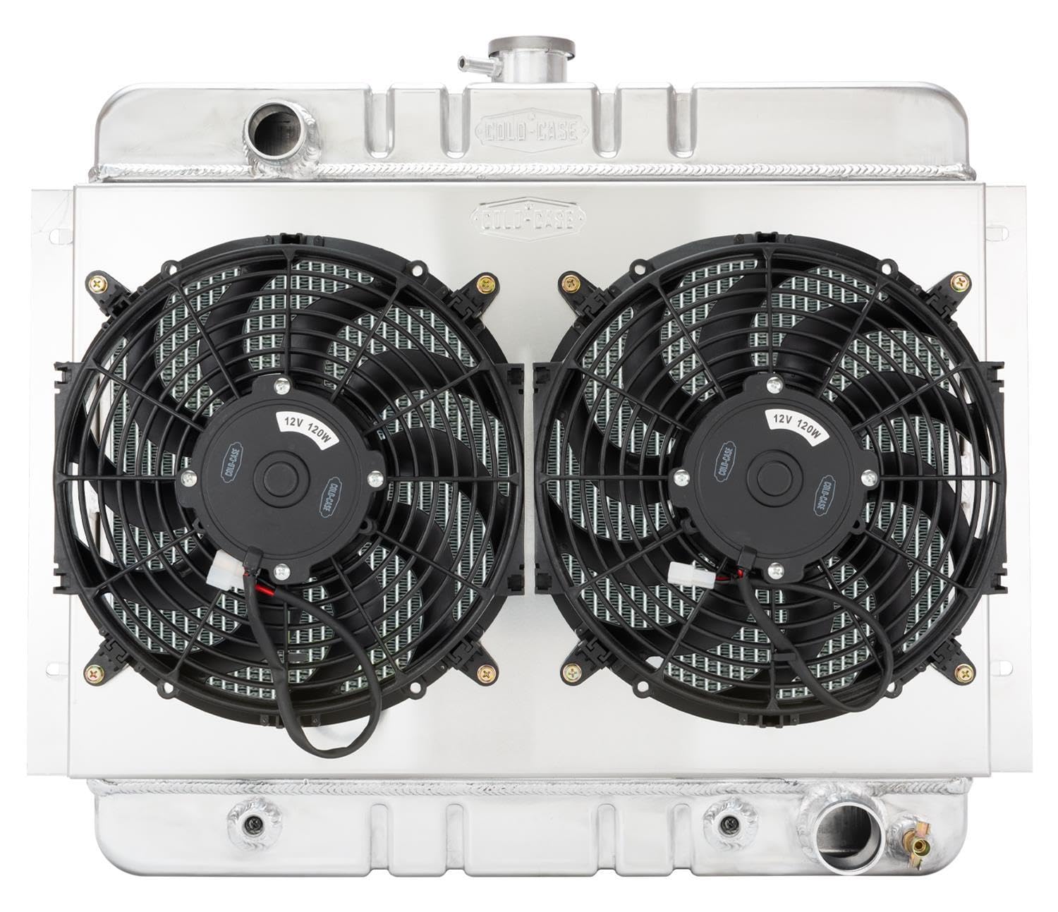 Radiator and Fan, Cold Case Radiators, 25.75 in W x 20.7 in H x 3 in D, Driver Side Inlet, Passenger Side Outlet, Aluminum, Polished, Automatic, compatible with GM X-Body 1962-67, Kit