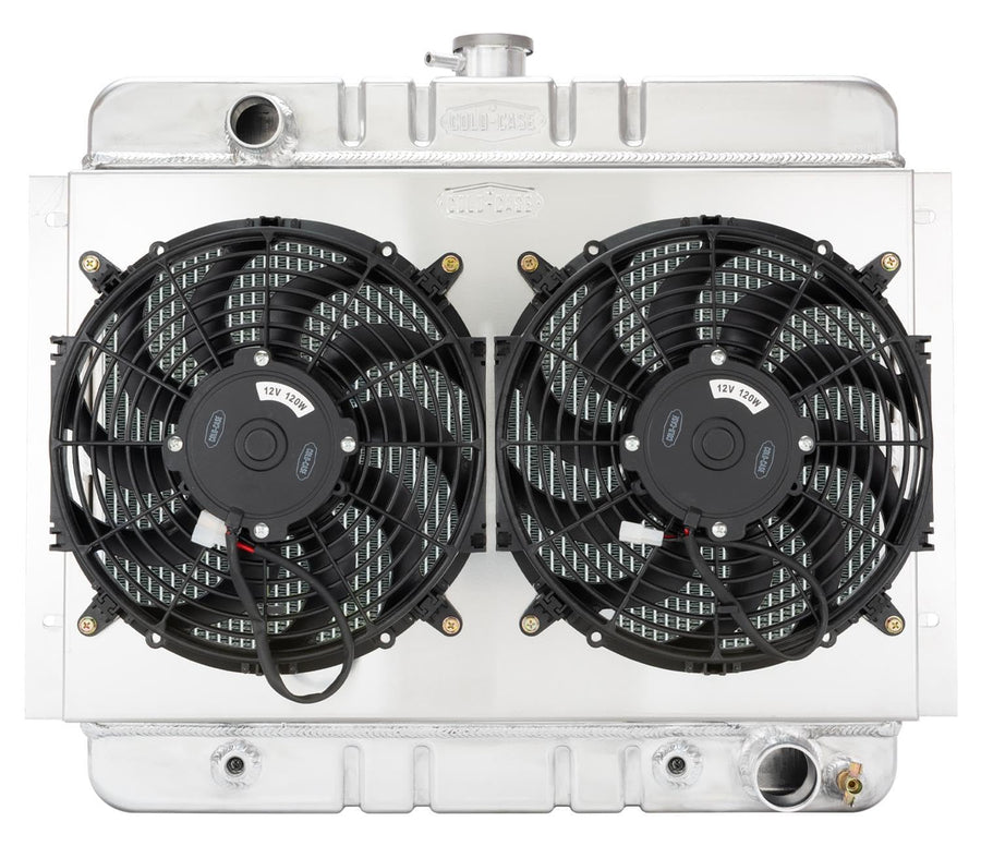 Radiator and Fan, Cold Case Radiators, 25.75 in W x 20.7 in H x 3 in D, Driver Side Inlet, Passenger Side Outlet, Aluminum, Polished, Automatic, compatible with GM X-Body 1962-67, Kit