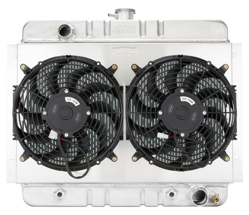 Radiator and Fan, Cold Case Radiators, 25.75 in W x 20.7 in H x 3 in D, Driver Side Inlet, Passenger Side Outlet, Aluminum, Polished, Automatic, compatible with GM X-Body 1962-67, Kit