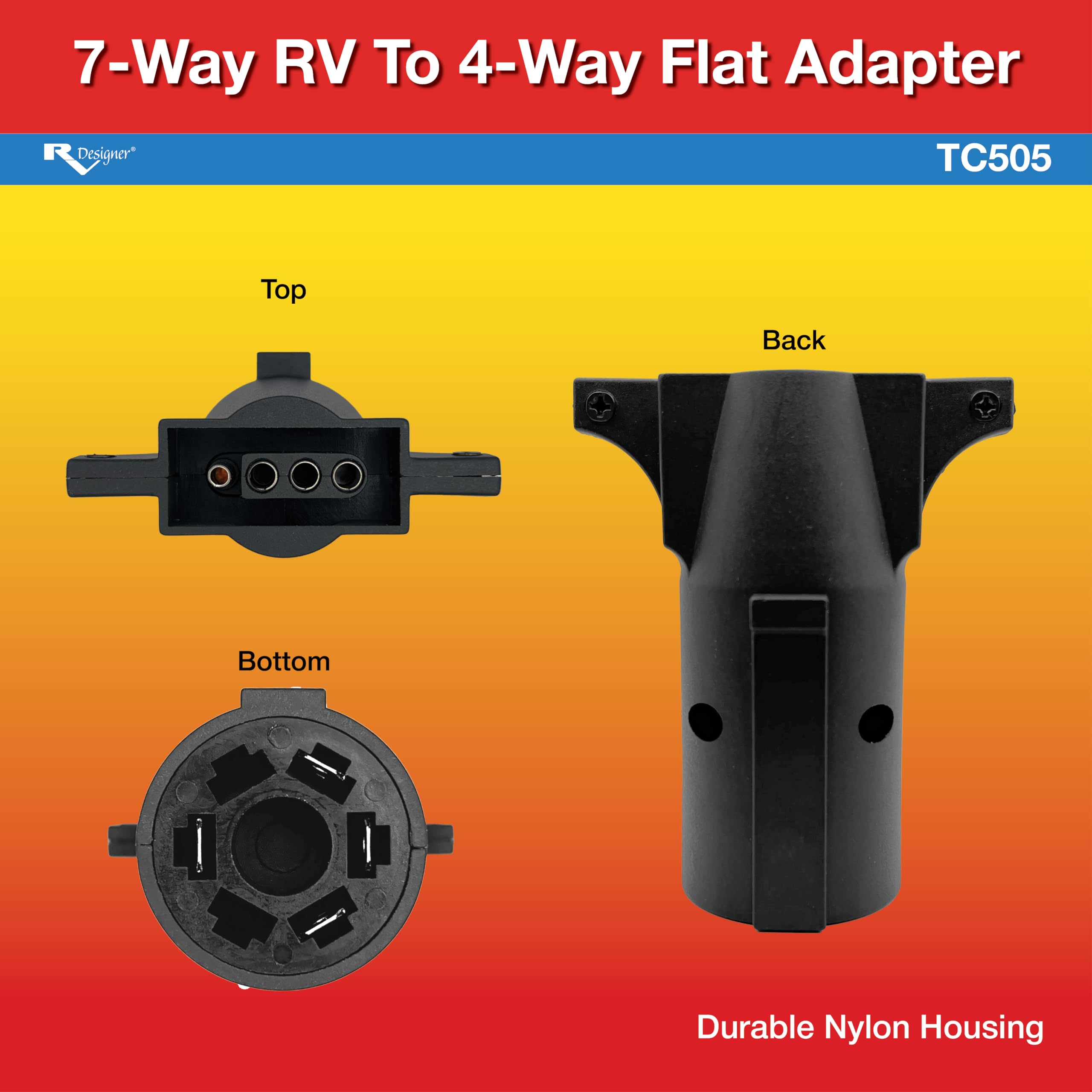 RV Designer 7-Way to TC505 4-Way Flat Adapter – Trailer Light Connector for Lightweight Trailers – Durable Nylon Housing with Corrosion-Resistant Terminals, Easy Plug-and-Play Fit