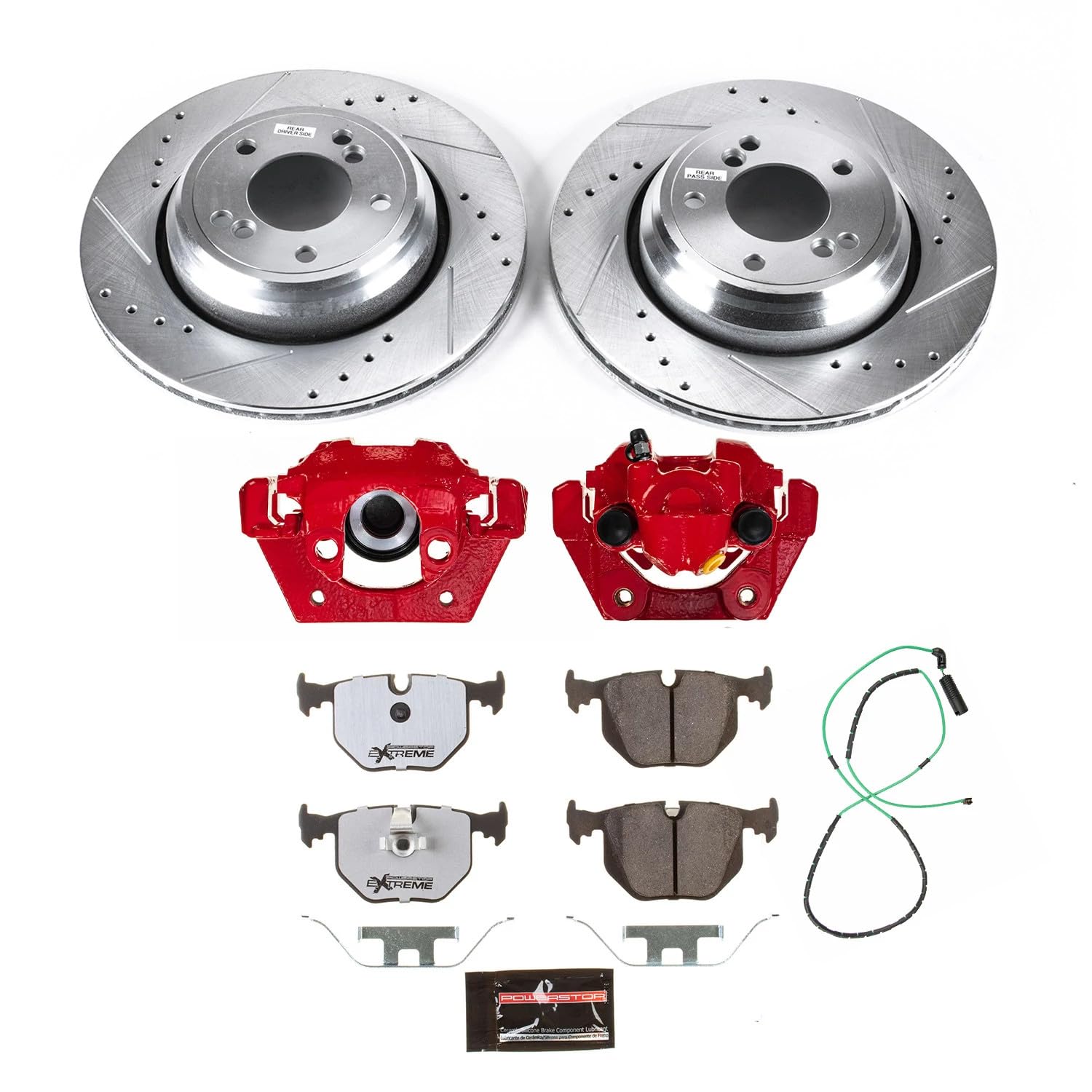 Power Stop Rear Z26 Street Warrior Brake Pad and Rotor Kit KC5732A-26 with Red Powder Coated Calipers For BMW M3 2001-2006 [Model Specific]