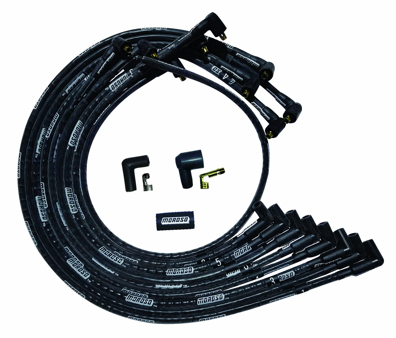 Moroso Ultra Series Sleeved Black Spark Plug Wires, Small Block Chevy, Routing Under Header, 90 Degree Plug Ends, Non HEI Distributor