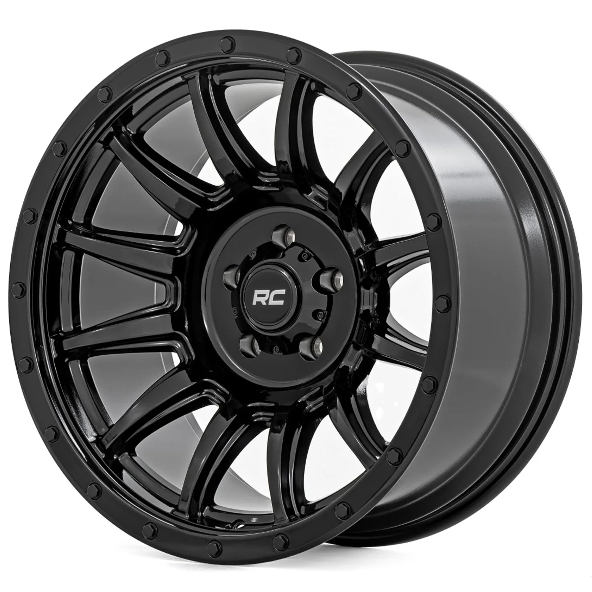 90 Series Rough Country One-Piece Aluminum Wheel - 18 x 9, 6x5.5" Bolt Pattern, 12mm Offset, Gloss Black 12-Spoke Design