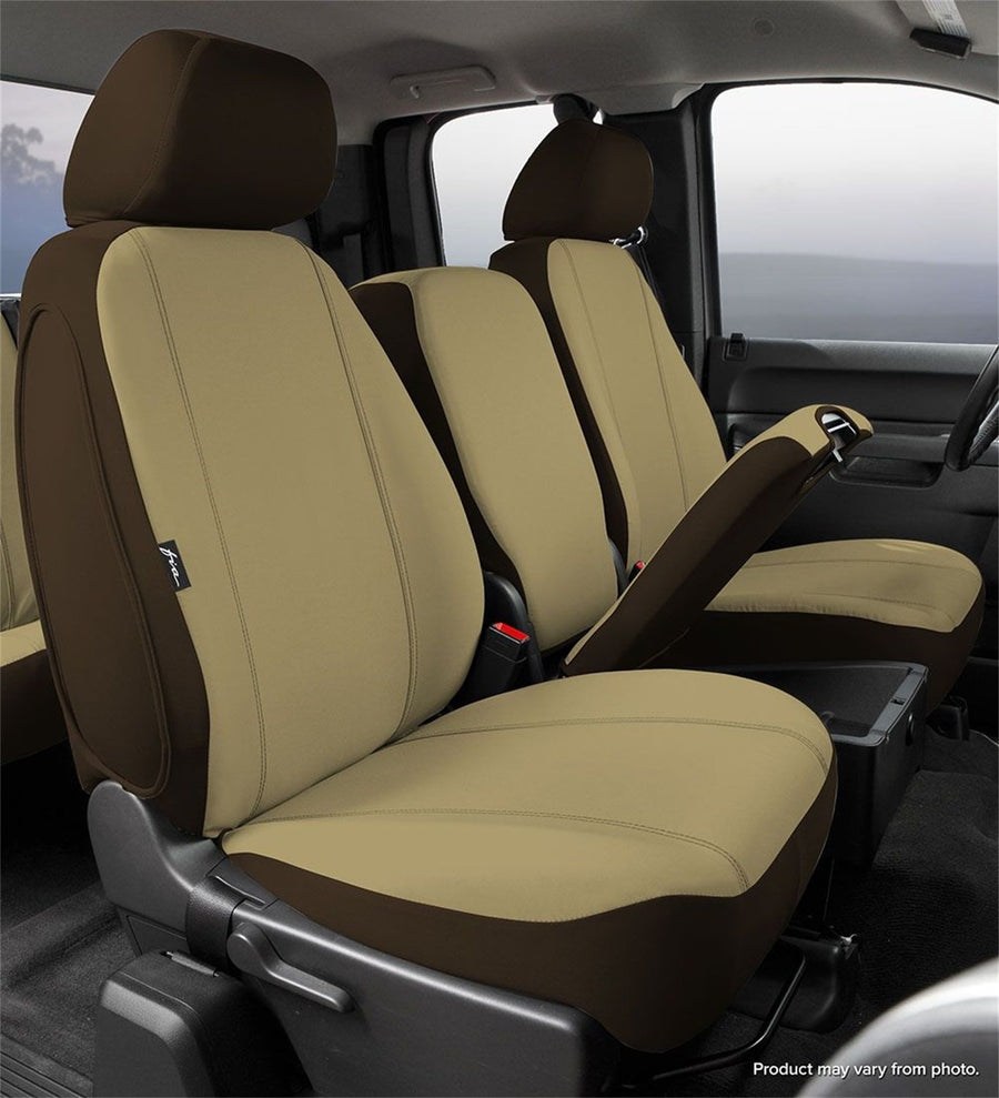 Fia Seat Protector SP89-38TAUPE Custom Seat Cover; Poly-Cotton; Taupe; Front; Split Seat 40/20/40; Adj. Headrests; Airbag; Armrest/Storage w/Cup Holder; Cushion Storage; Incl. Head Rest Cover;