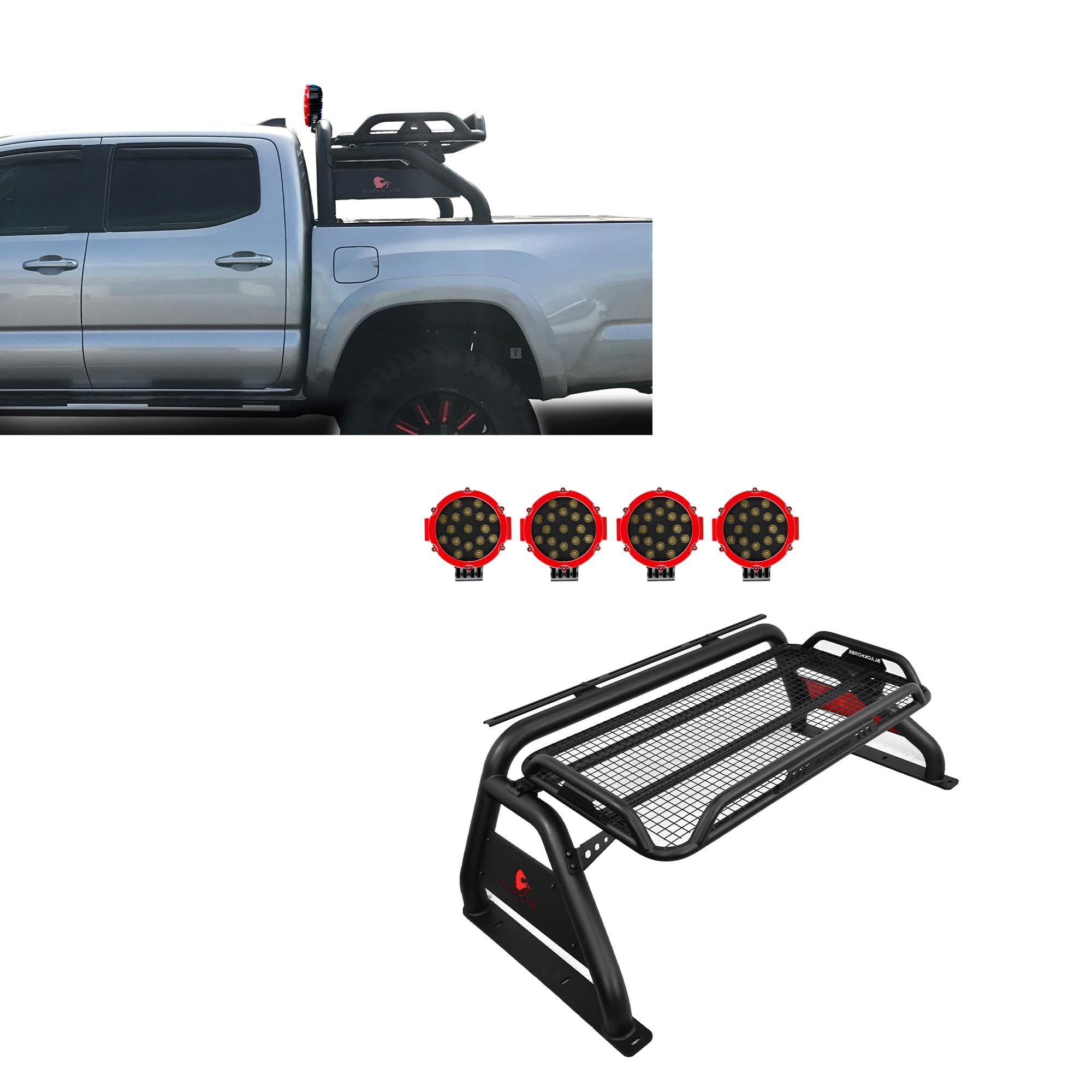 Atlas Roll Bar Black Incl. Pair of 7.0" Dia. LED Lights w/Red Trim Rings Compatible with 2005-2021 Nissan Frontier-ATRB-NIFRB-PLR