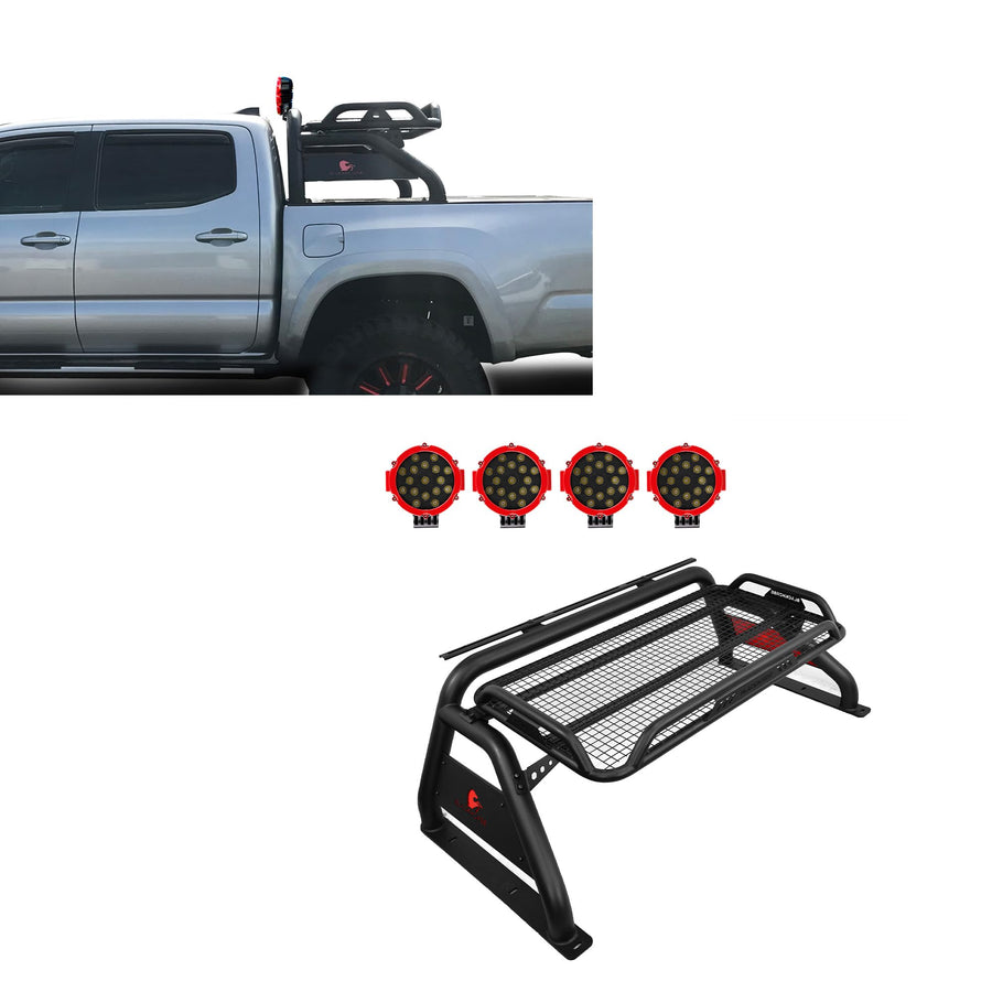 Atlas Roll Bar Black Incl. Pair of 7.0" Dia. LED Lights w/Red Trim Rings Compatible with 2005-2021 Nissan Frontier-ATRB-NIFRB-PLR