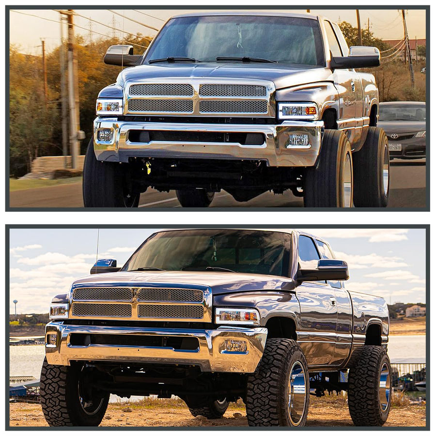 Chrome Headlights w/LED Tube SPEC-D TUNING Compatible with 1994-2001 Dodge Ram 1500, 2500, 3500, Left + Right Pair Headlamps Assembly