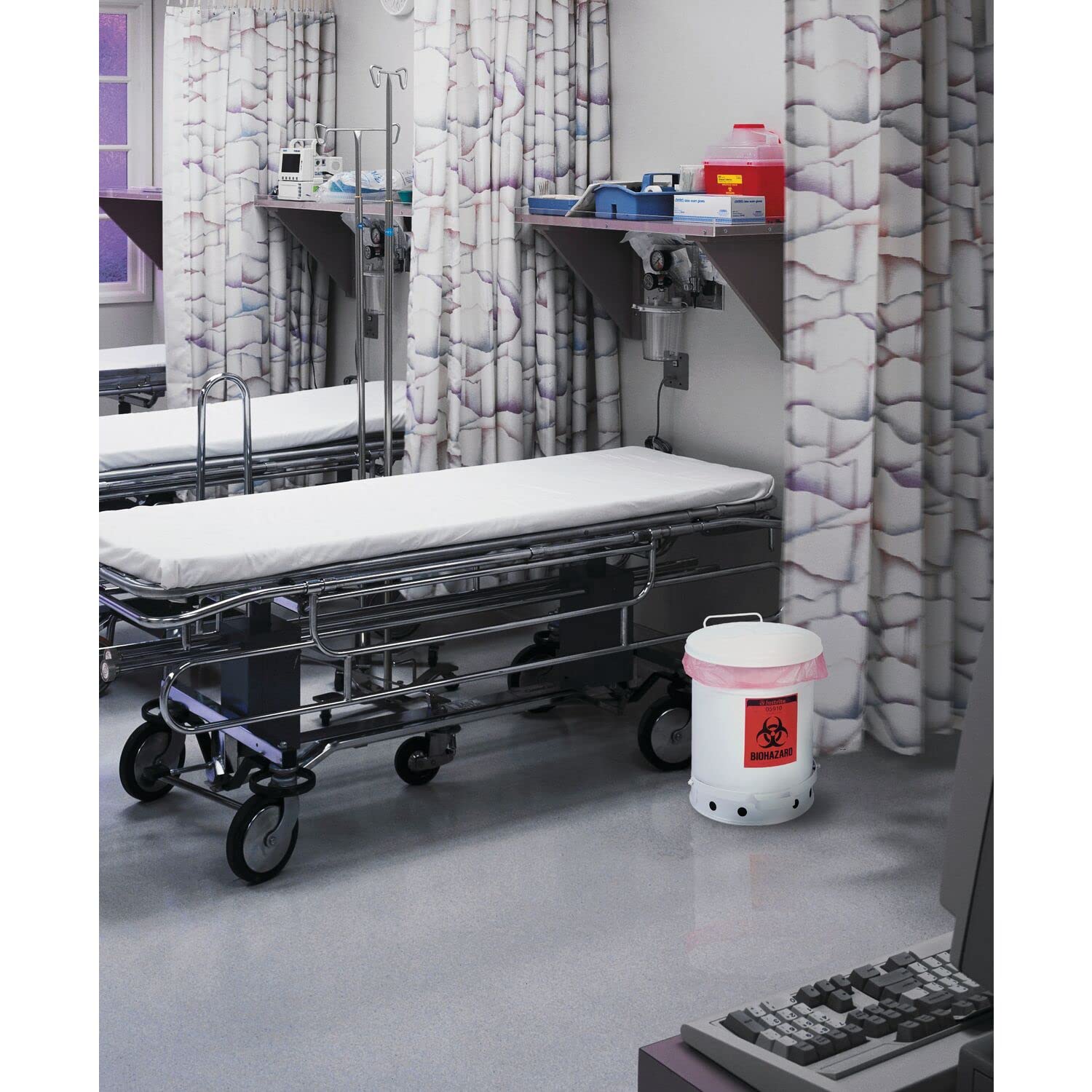 Galvanized Steel Justrite Biohazard Waste Container, 6 Gallon Capacity, 11-7/8" OD x 15-7/8" Height, White
