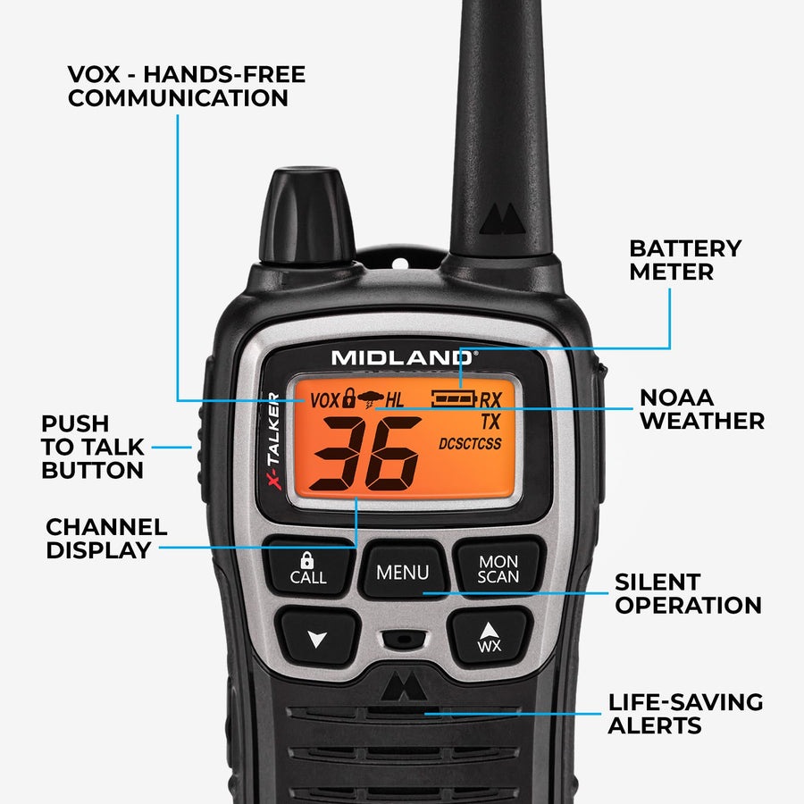 Midland® T71VP3 Long Range X-TALKER Walkie Talkie - FRS Two-Way Radio for Camping Overlanding Rock Crawling - NOAA Weather Scan - 36 Channels and 121 Privacy Codes Black/Silver 2 Pack