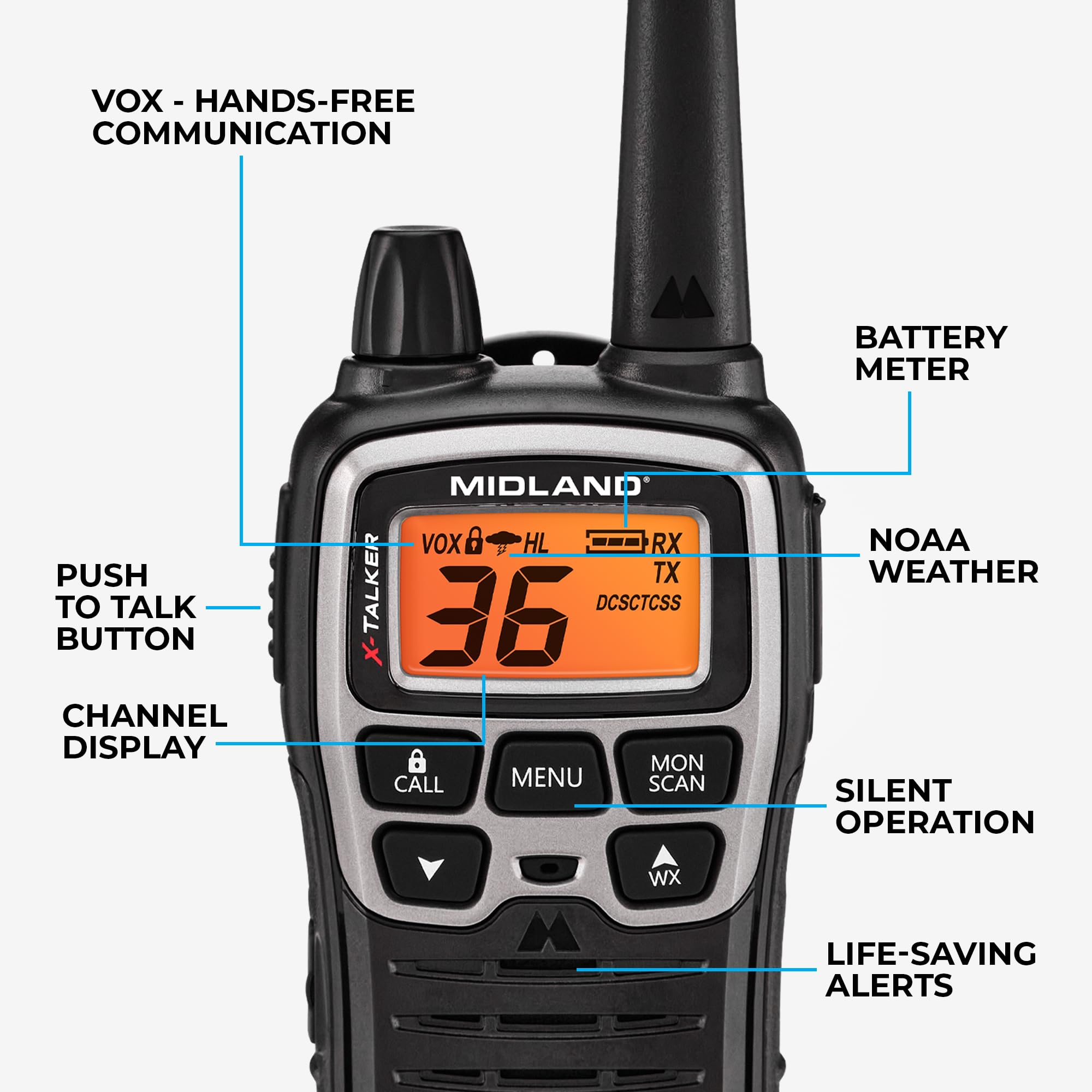 Midland T77VP5 X-TALKER Walkie-Talkie Long Range FRS Two-Way Radio for Camping Overlanding NOAA Weather Scan + Alert, 121 Privacy Codes - Includes Carrying Case & Headset Black/Silver, 2 Radio Bundle