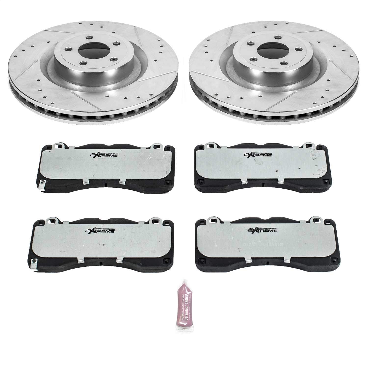 Power Stop K6811-26 Z26 Carbon Fiber Brake Pads Front with Drilled & Slotted Brake Rotors Kit For Ford Mustang 2015-2022 [Model Specific]