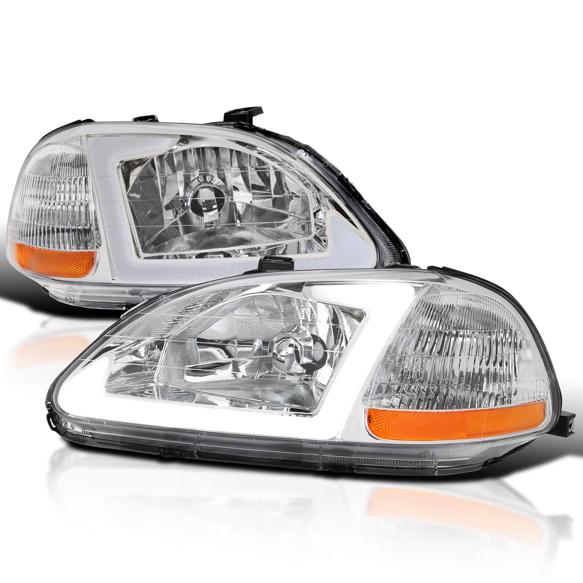 Chrome Headlights w/LED Tube Bar SPEC-D TUNING Compatible with 1996-1998 Honda Civic 2/4Dr