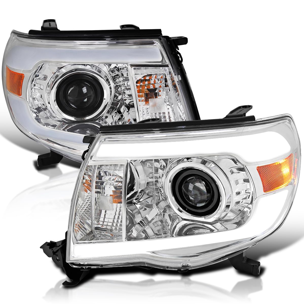 Chrome Projector Headlights Spec-D Tuning w/LED Tube Compatible with 2005-2011 Toyota Tacoma, Left + Right Pair Headlamps Assembly