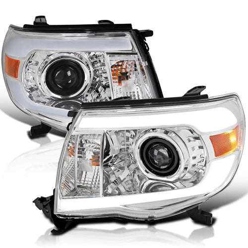 Chrome Projector Headlights Spec-D Tuning w/LED Tube Compatible with 2005-2011 Toyota Tacoma, Left + Right Pair Headlamps Assembly