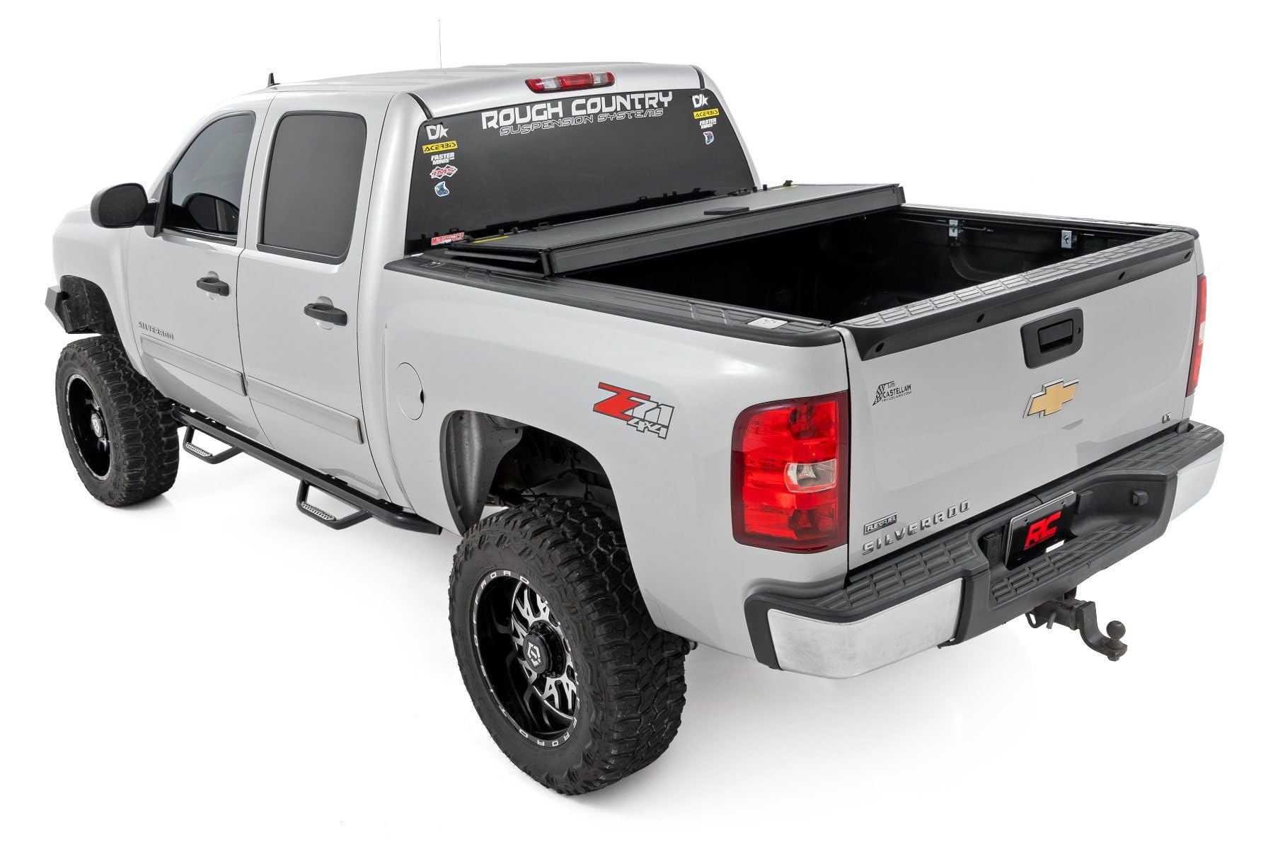 Rough Country Hard Tri-Fold Truck Bed Flip Up Tonneau Cover for Chevy Silverado and GMC Sierra 1500 (2007-2013) - Fits 5'9 (69.3") Bed with Rail Caps
