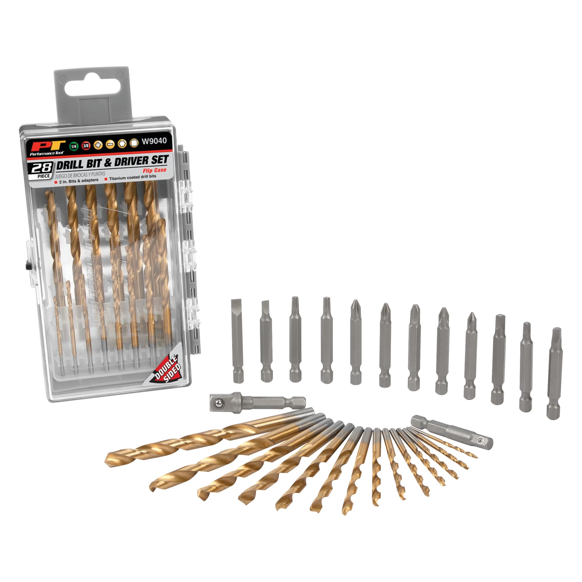 28pc Performance Tool W9040 1/4-Inch Titanium Coated Drill Bit and Driver Set with Socket Adapters, Flip Case and Hanger Tab