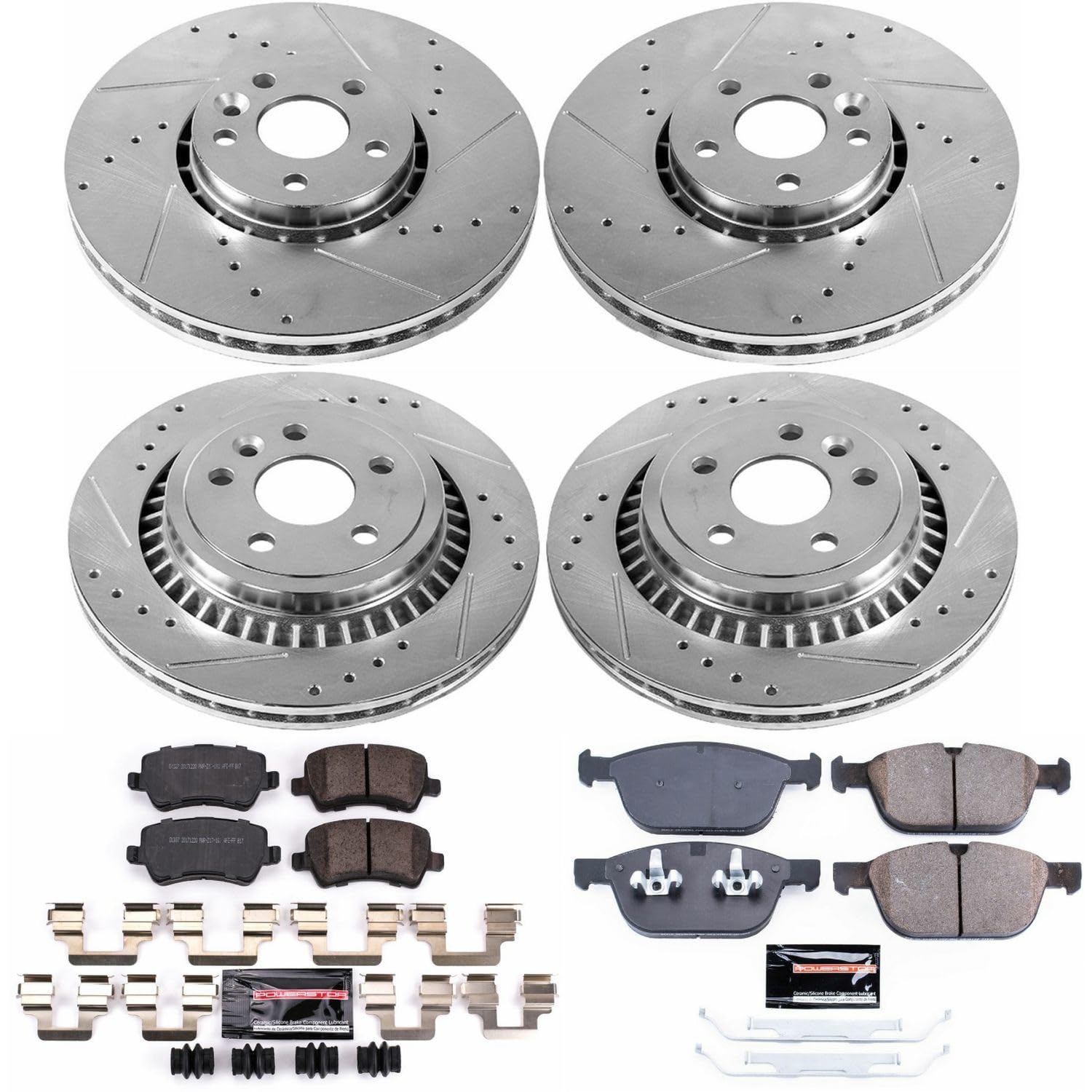 Power Stop K5703 Z23 Carbon Fiber Brake Pads Front and Rear with Drilled & Slotted Brake Rotors Kit For Volvo XC60 2010-2015 [Model Specific]