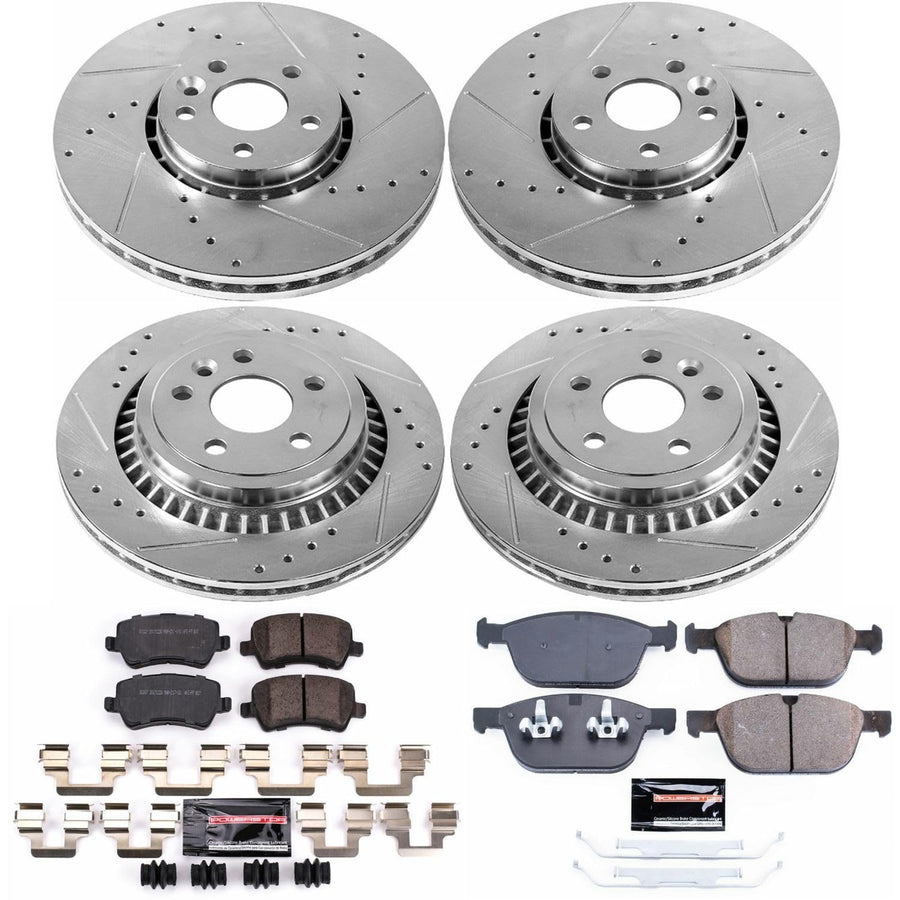Power Stop K5703 Z23 Carbon Fiber Brake Pads Front and Rear with Drilled & Slotted Brake Rotors Kit For Volvo XC60 2010-2015 [Model Specific]