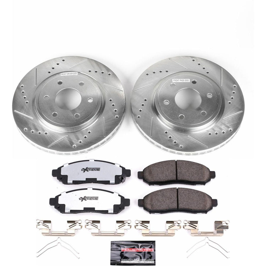 Power Stop Brake Kit Front For 2005 2006 2007 2008 2009 2010 2011 2012 2013 2014 2015 Nissan Frontier - Truck & Tow Carbon Fiber Ceramic Pads & Drilled and Slotted Rotors Replacement, K142-36