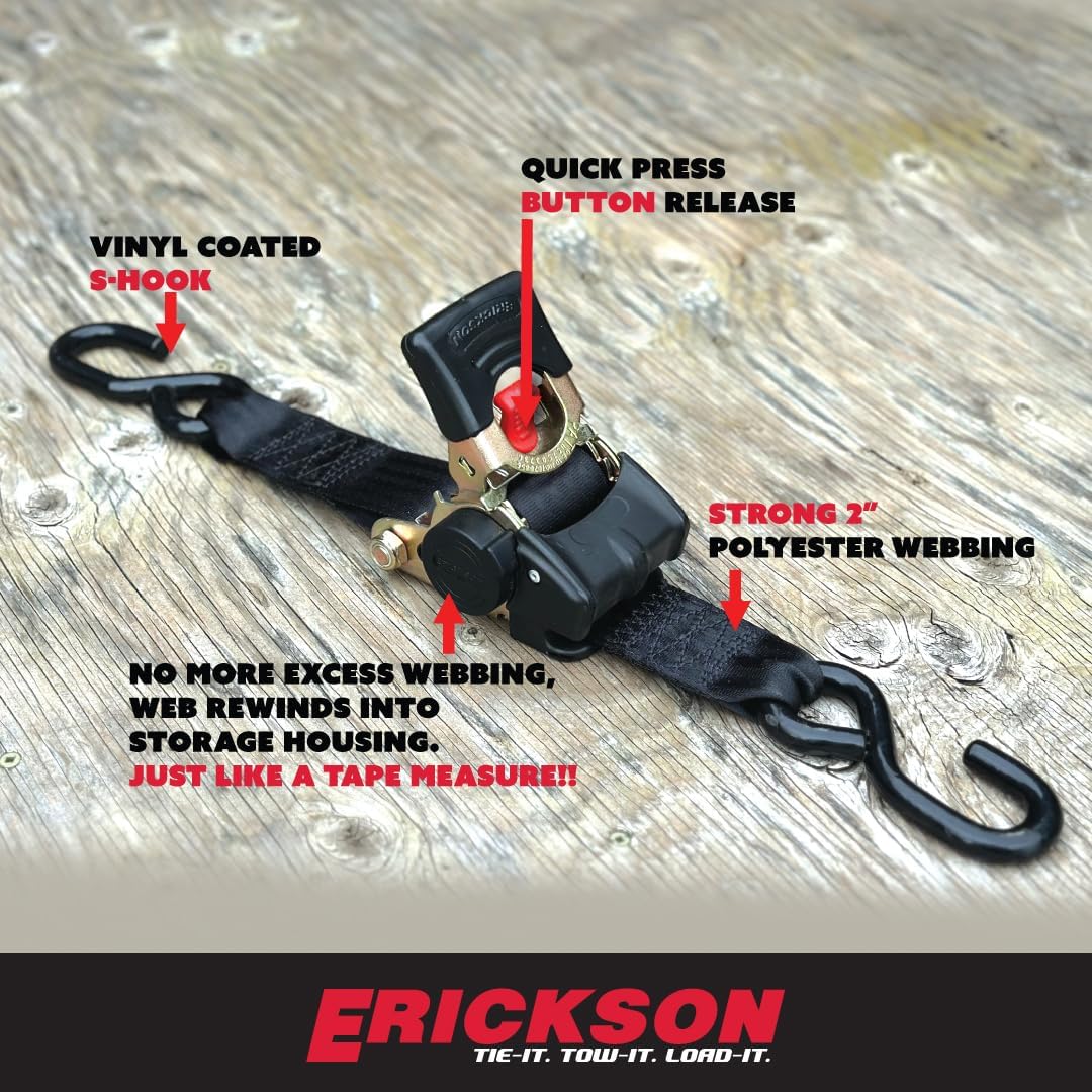 2in x 10ft Black Erickson Pro Series Retractable Ratcheting Tie-Down Straps, High-Strength Design, 3300 lb Load Capacity, Pack of 2