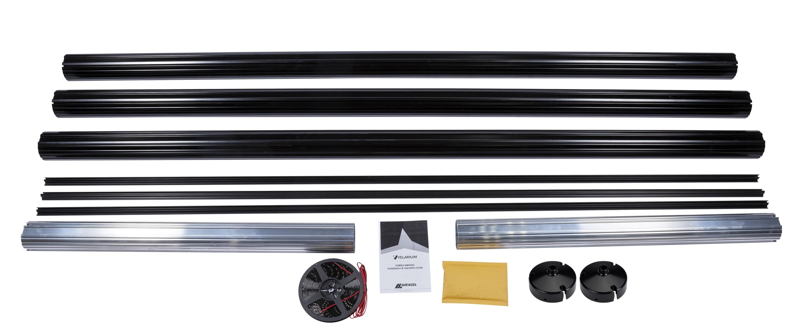 DIY Cut-to-Fit Velarium Roller Tube Assembly, 14' Cut-to-Fit Black Powder Coated Roller Tube, White End Caps, Light Rail and LED Lighting (Range 14' - 6')