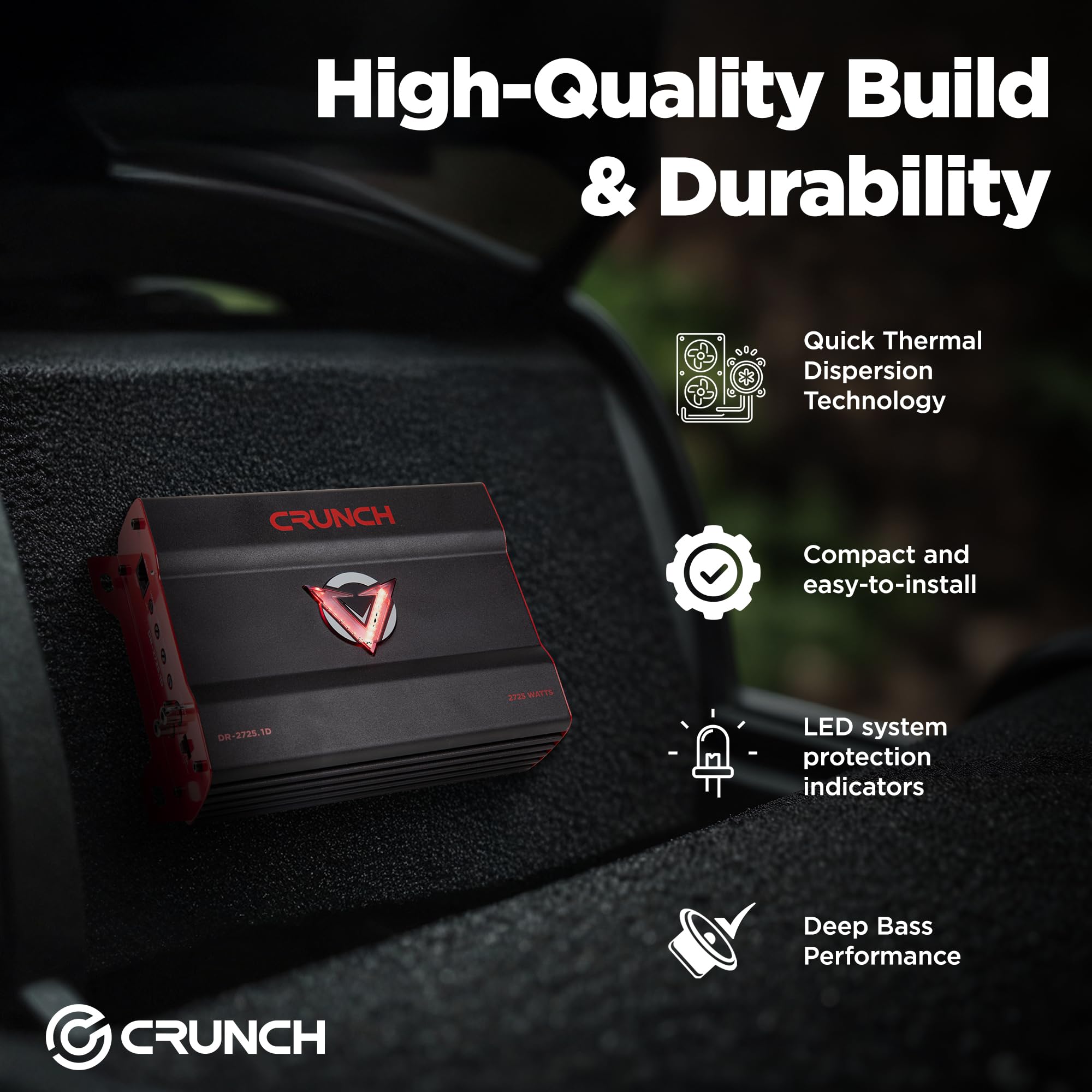 2725W Crunch Mono block Car Audio Amplifier with Adjustable Crossovers, Bass Knob & Remote, LED VU-Meter, QTD Cooling and PWM Power Supply