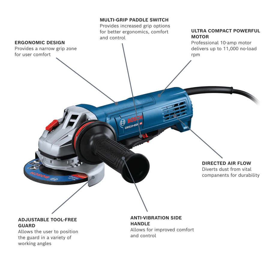 GWS10-450P Bosch 4-1/2 In. Ergonomic Angle Grinder with Paddle Switch