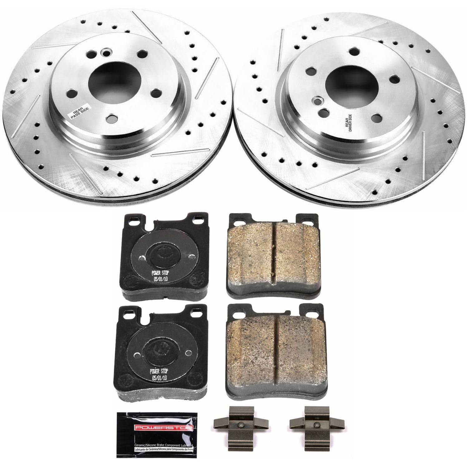 Power Stop K5054 Rear Brake Pads Z23 Carbon Fiber with Drilled & Slotted Brake Rotors Kit For Mercedes-Benz E430 2001-2002 [Model Specific]