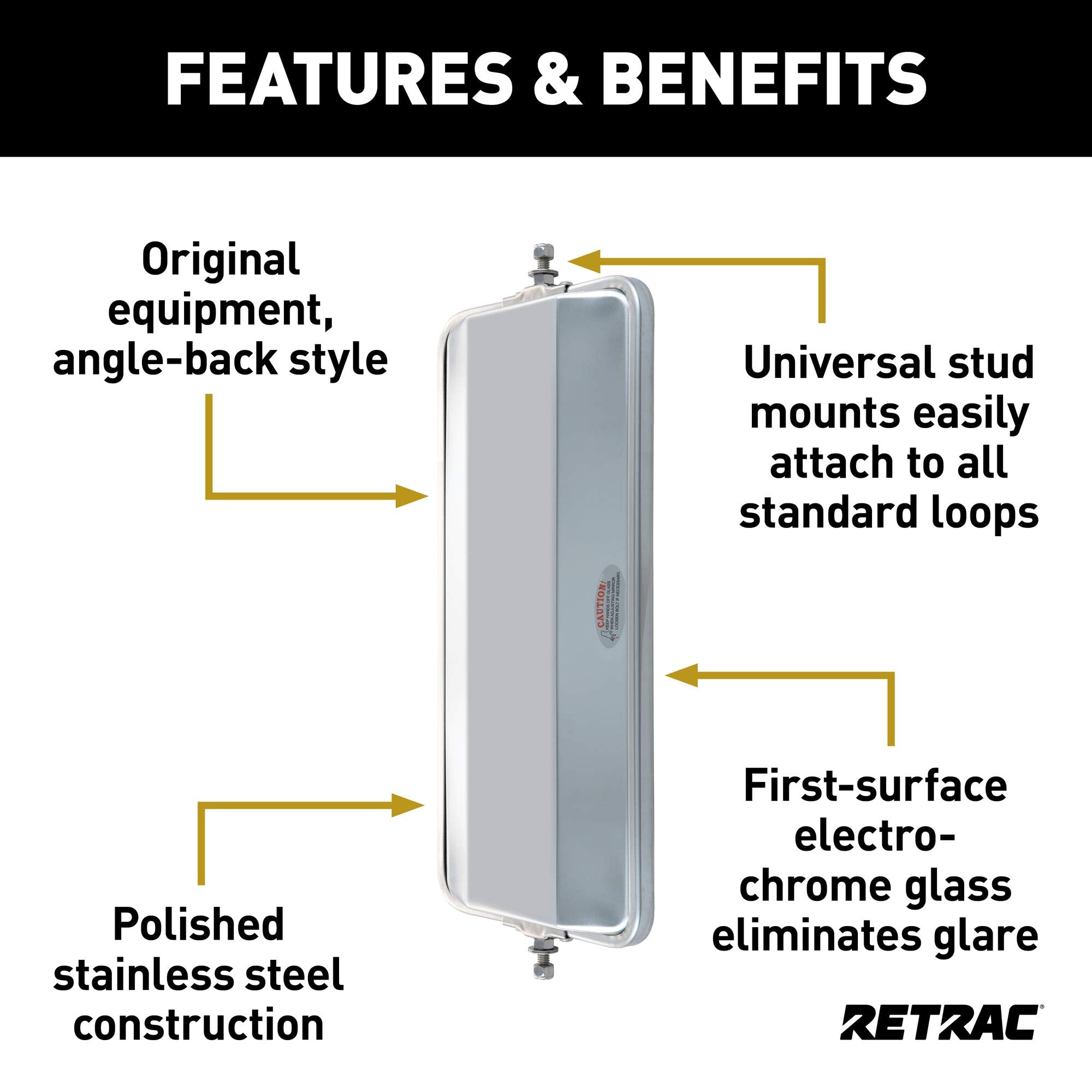 601272 RETRAC 7 x 16-Inch Stainless Steel Rounded Angle-Back West Coast Mirror Head, Universal Driver or Passenger Side