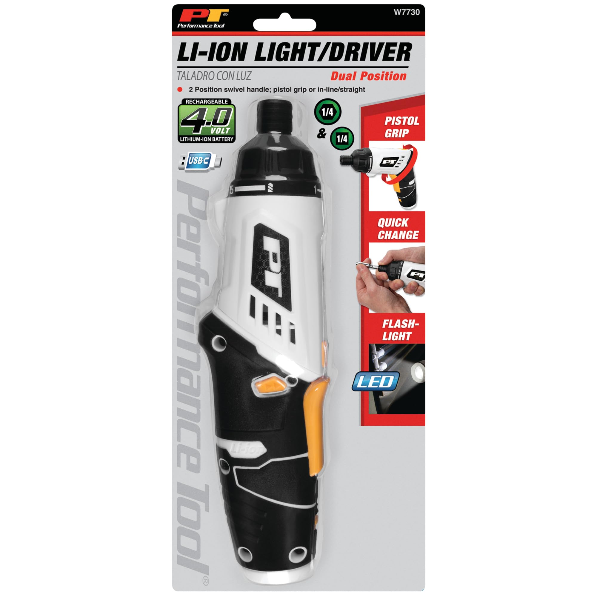 4V Li-Ion Performance Tool W7730 Folding Screwdriver w/LED Light - 1/4 in. Drive, USB-C Charging, Extensions Included, Gray/Yellow