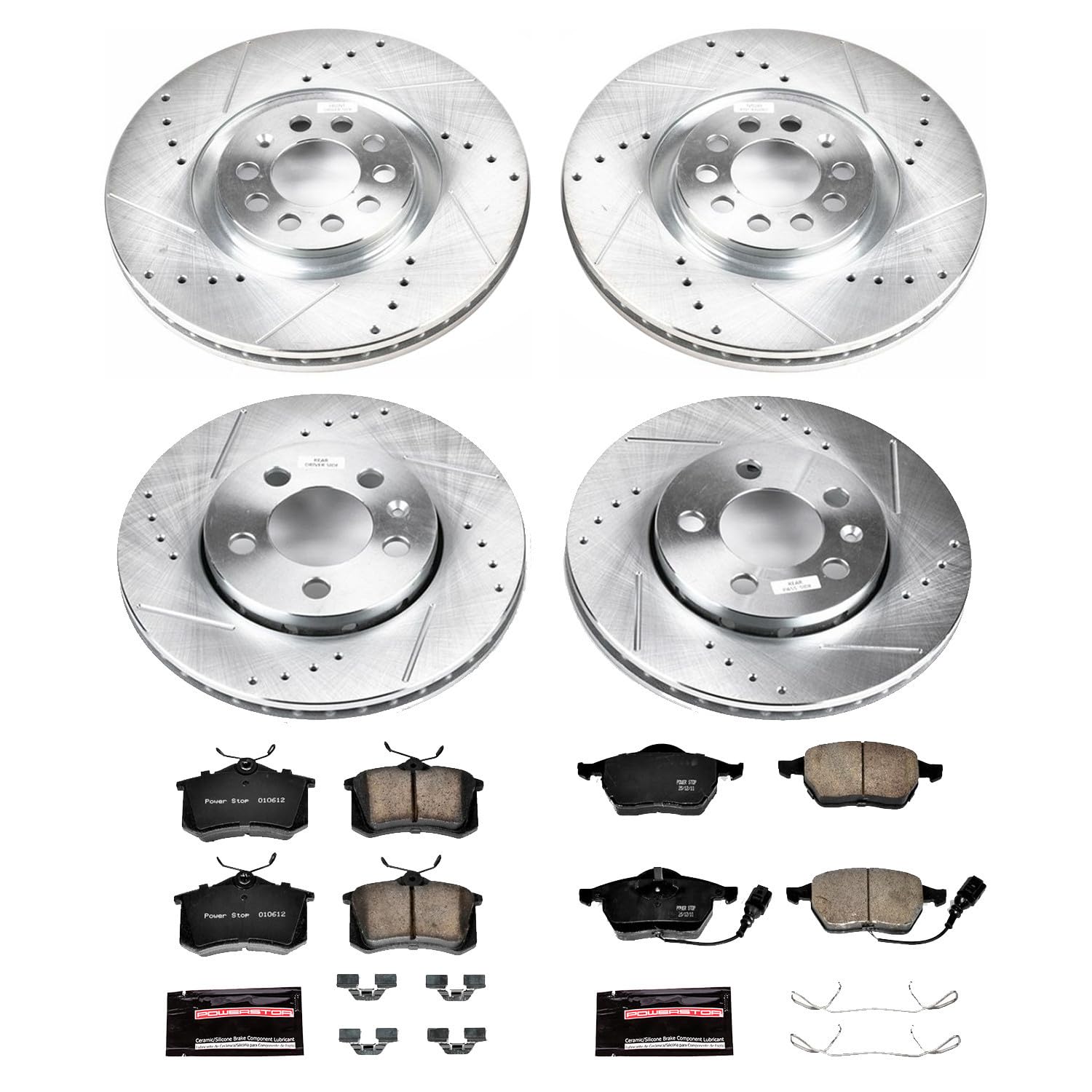 Power Stop K916 Z23 Carbon Fiber Brake Pads with Front and Rear Drilled & Slotted Brake Rotors Kit