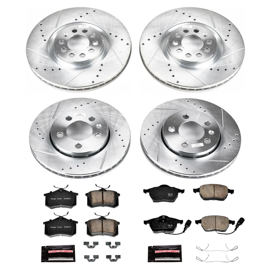 Power Stop K916 Z23 Carbon Fiber Brake Pads with Front and Rear Drilled & Slotted Brake Rotors Kit