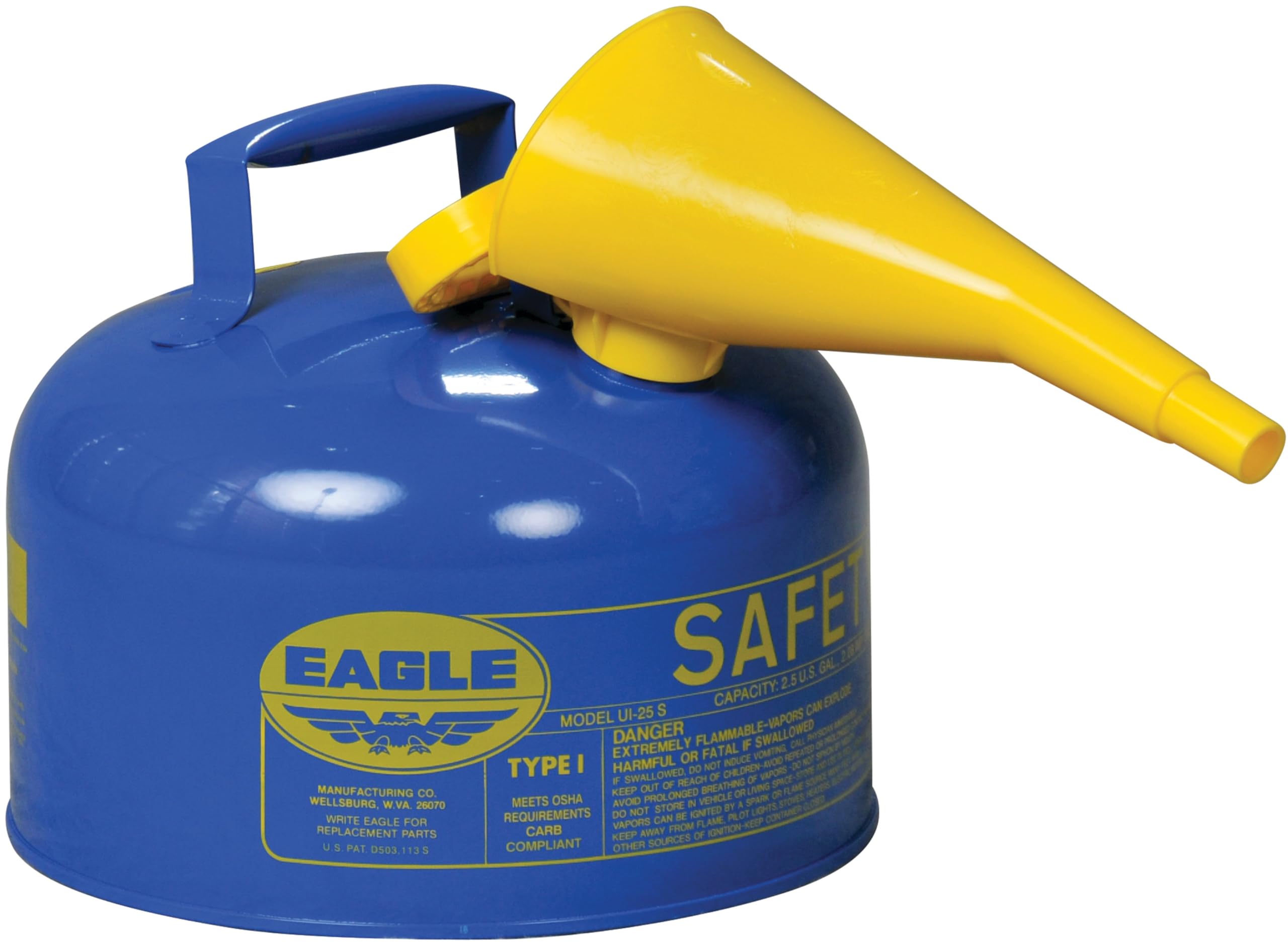 Eagle Safety Gas Can 2.5 Gallon Type I Blue for Kerosene with Flame Arrester, Self-Closing Lid, and F-15 Funnel, Made in the USA, Galvanized Steel Flammable Storage Can, UI25FSB
