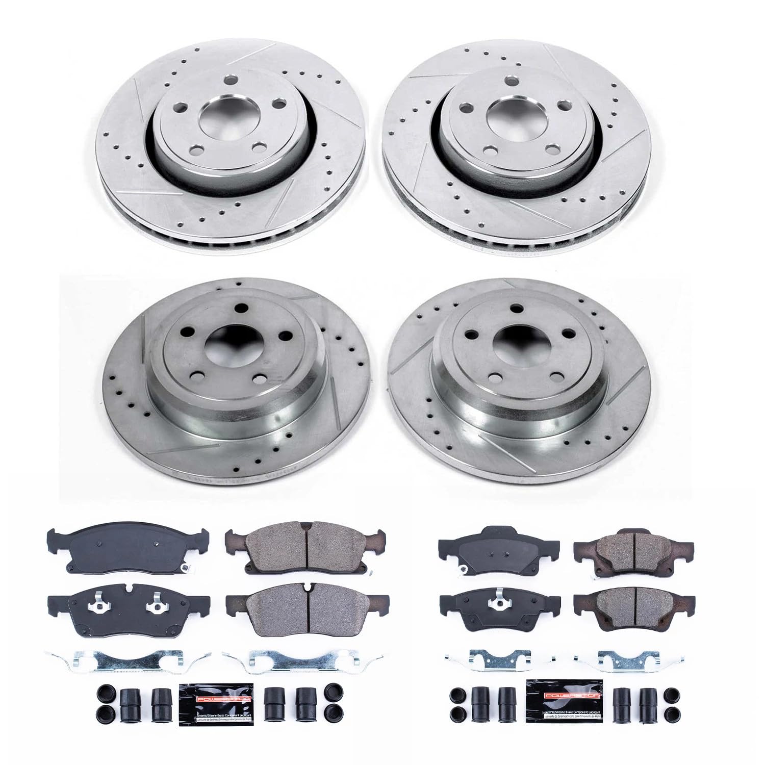 Power Stop Brake Kit Z23 Carbon Fiber Brake Pads For [Application Specific For Models With 330mm Front Rotors; Solid Rear Rotors] with Drilled and Slotted Brake Rotors Kit K5952 Front and Rear