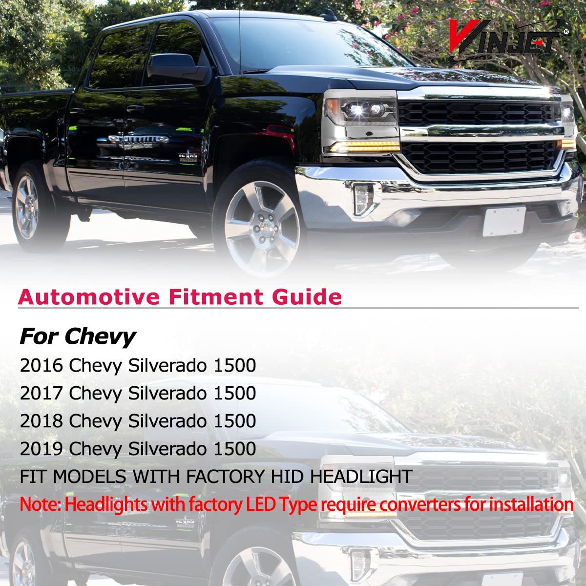 Headlight Assembly Winjet Fit For 2016 2017 2018 2019 Chevy Silverado 1500 Headlamp Replacement w/LED Sequential Turn Signal Light, DRL, High & Low Beam (Chrome Housing Clear Lens)