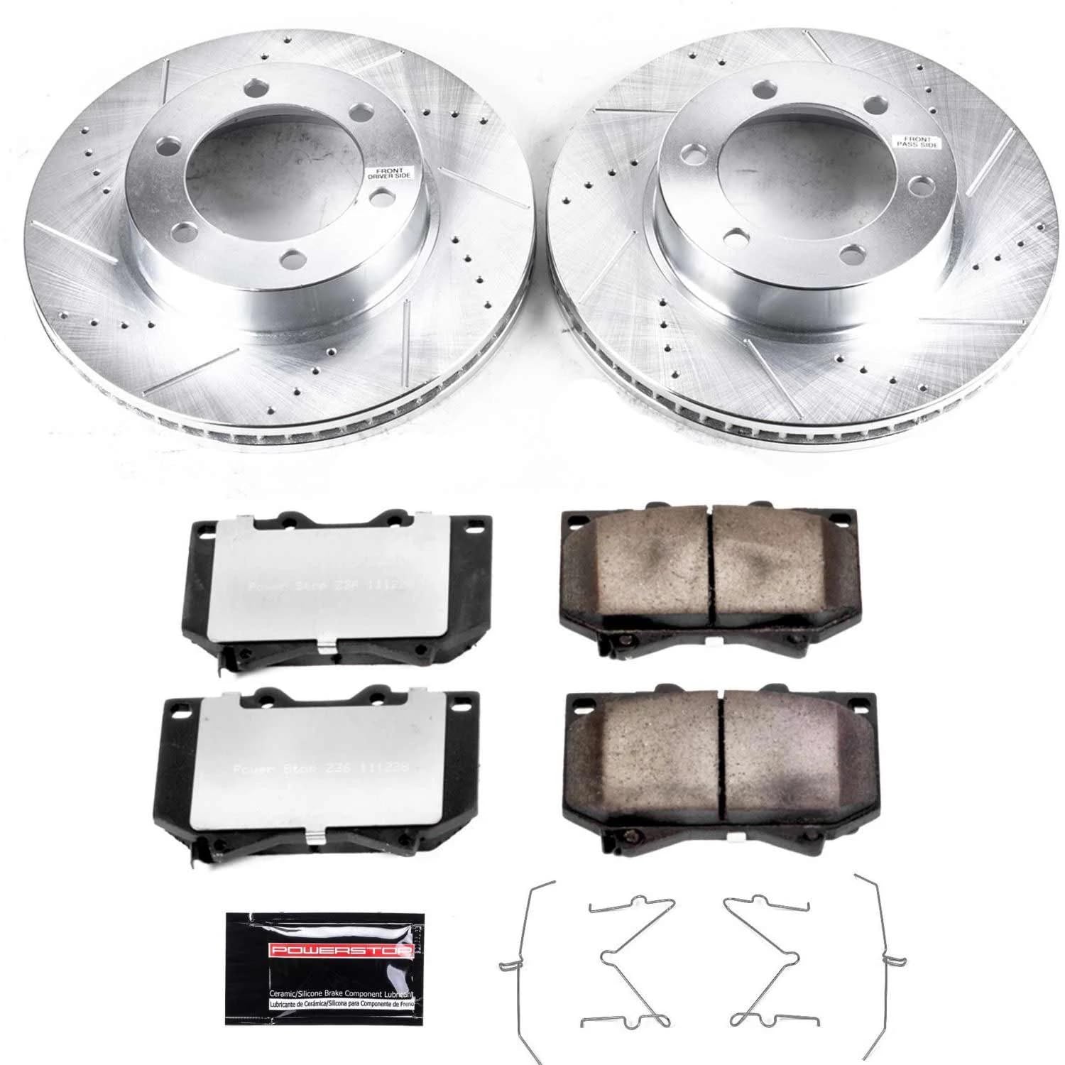 Front Brake Kit Power Stop For 2001 2002 Toyota Sequoia 2000 2001 2002 Toyota Tundra - Truck & Tow Carbon Fiber Ceramic Brake Pads & Drilled and Slotted Rotors Replacement, K2323-36