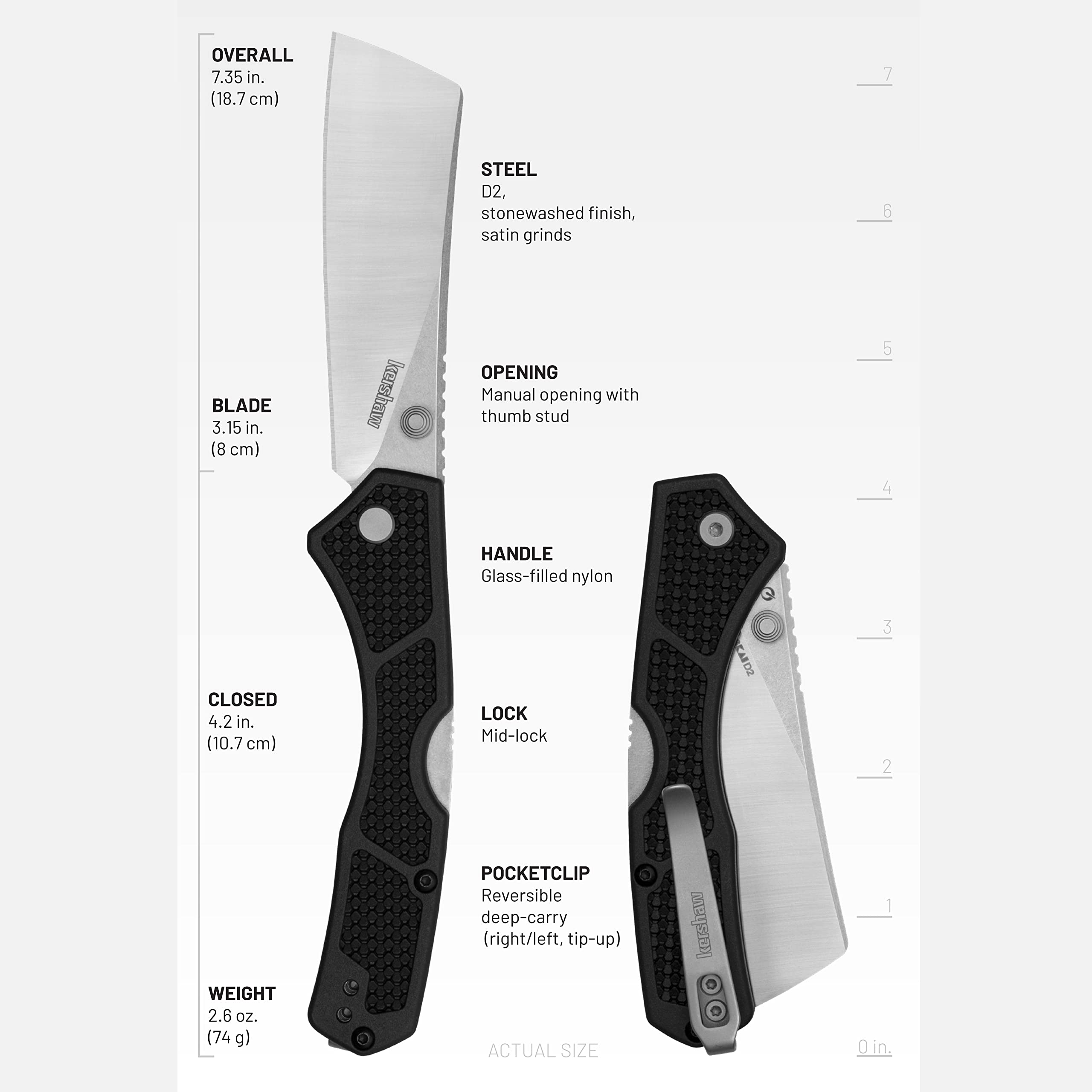 Kershaw Pocket Knife Hatch, Black and Gray Design, 3.15 Inch Steel Cleaver, EDC with Manual Opening, Reversible Deep Carry, Everyday Carry Pocket Knife for Men and Women