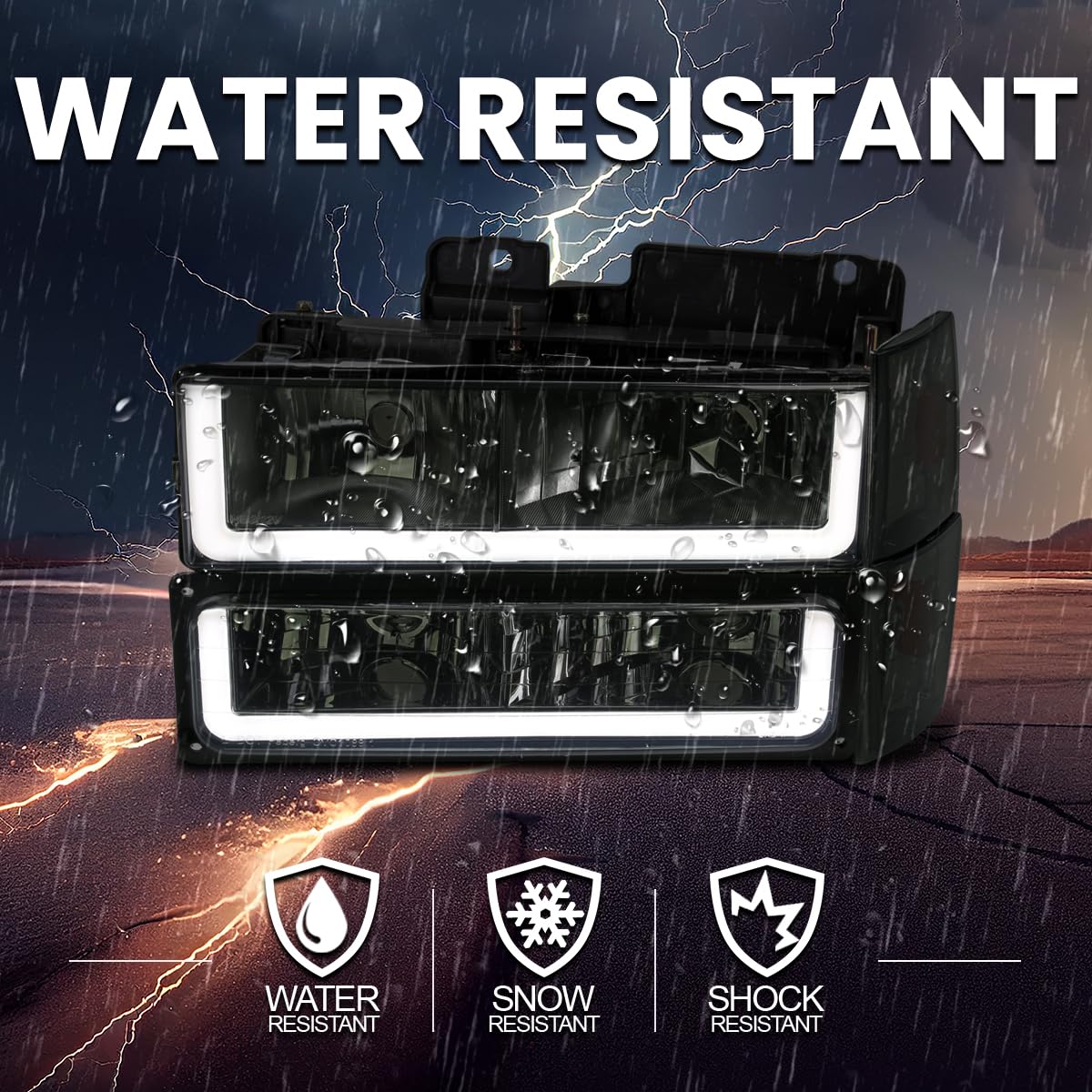 Smoke LED Tube Headlights + Bumper Lights + Corner Lights SPEC-D TUNING Compatible with 1988-1993 Chevy GMC C10 C/K Suburban, Left + Right Pair Headlamps Assembly
