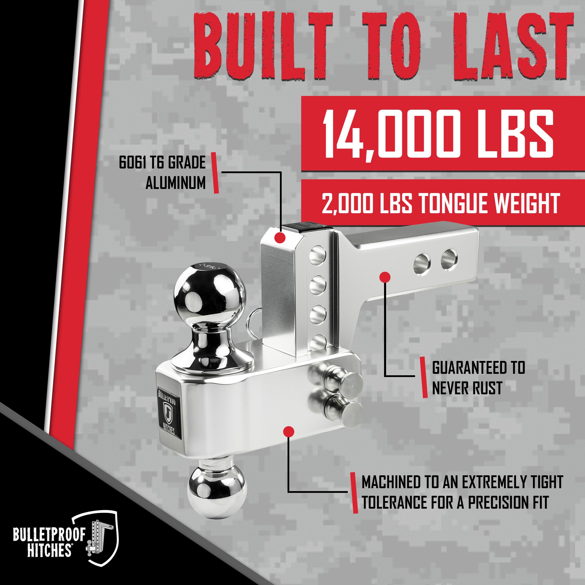 2.0" BulletProof Hitches Aluminum Trailer Hitch (14,000 lb. Rating) - Adjustable Hitch with 2" Drop/Rise and 2" & 2-5/16" Dual Ball - Corrosion-Resistant Tow Hitch