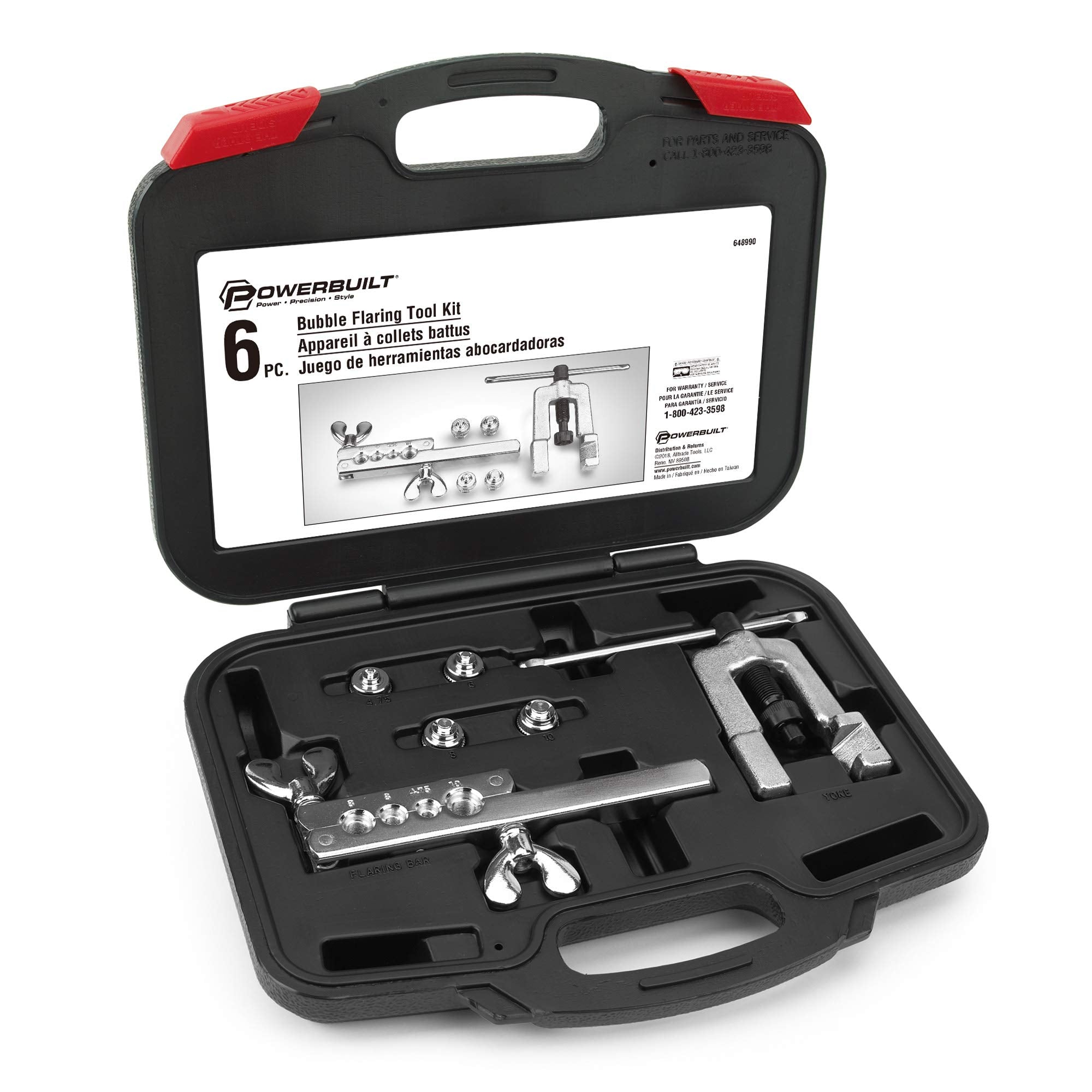 Powerbuilt Flaring Tool Set ISO for Hydraulic Brake Lines, 6 Piece Car Service Kit, Yoke, T-Handle, Adapters, Storage Case - 648990