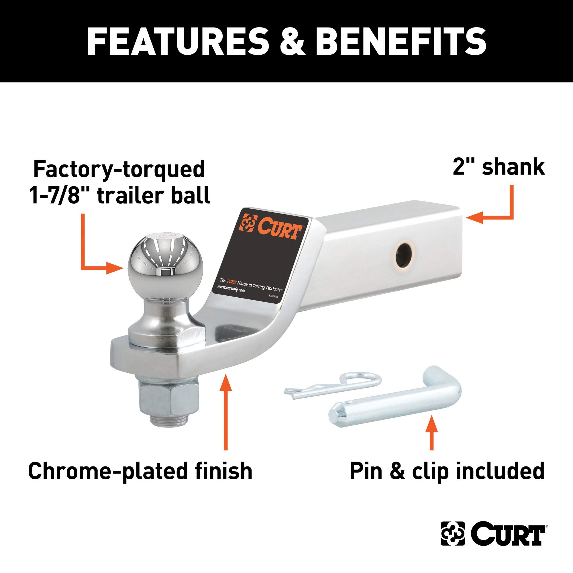 CURT Chrome Trailer Hitch Mount 45293 with 1-7/8-Inch Ball & Pin, Fits 2-Inch Receiver, 7,500 lbs, 2-In Drop