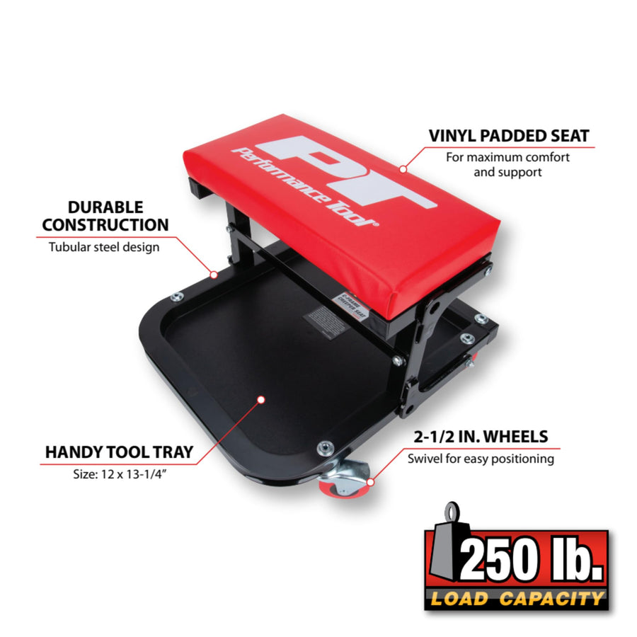 Folding C-Frame Creeper Performance Tool W85021 Rolling Work Seat with Tool Tray for Mechanic Garages and Workshops, Black/Red, 12.5-inch Height