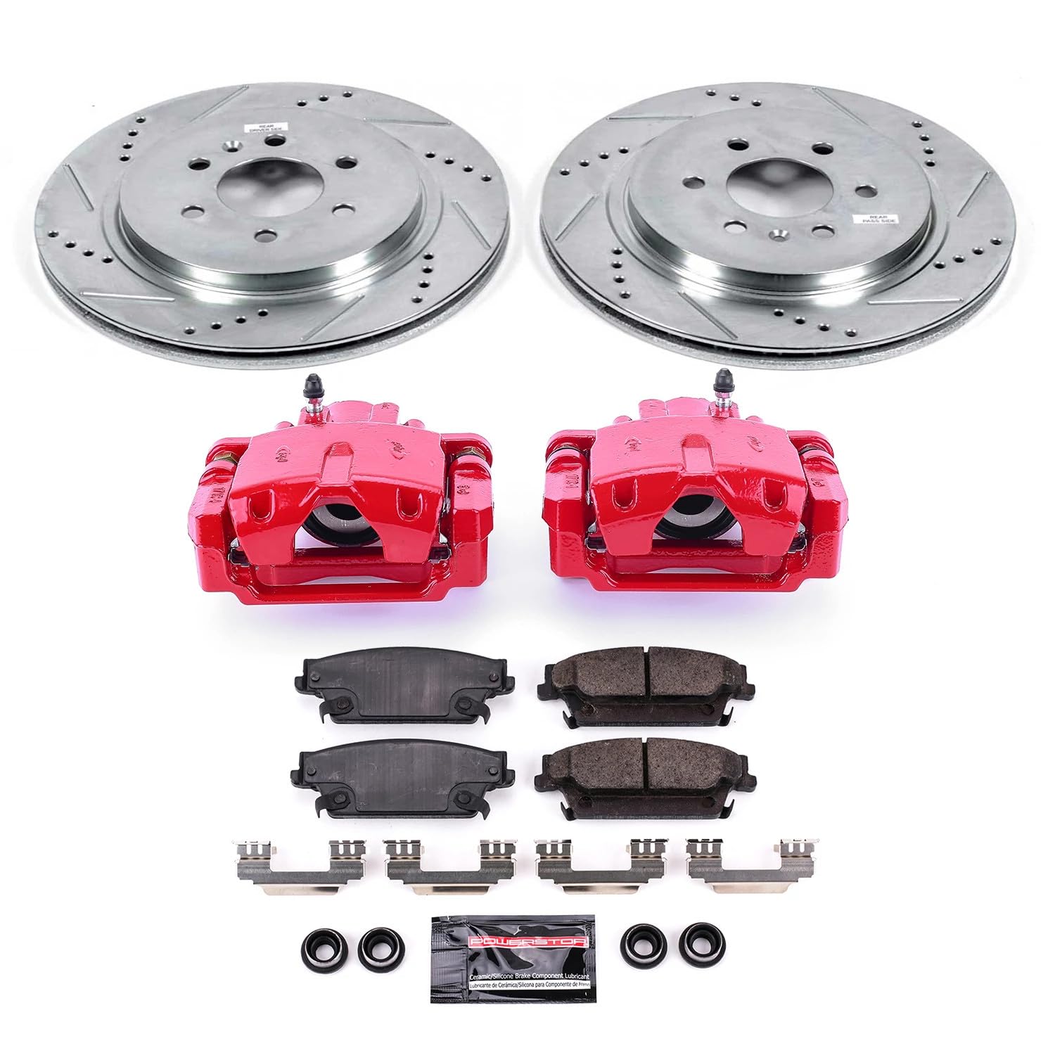 Power Stop Z23 Evolution Sport Rear Caliper Brake Kit-Drilled/Slotted Rotors, Carbon Ceramic Brake Pads, For Cadillac SRX 2004-2009 [Model Specific]
